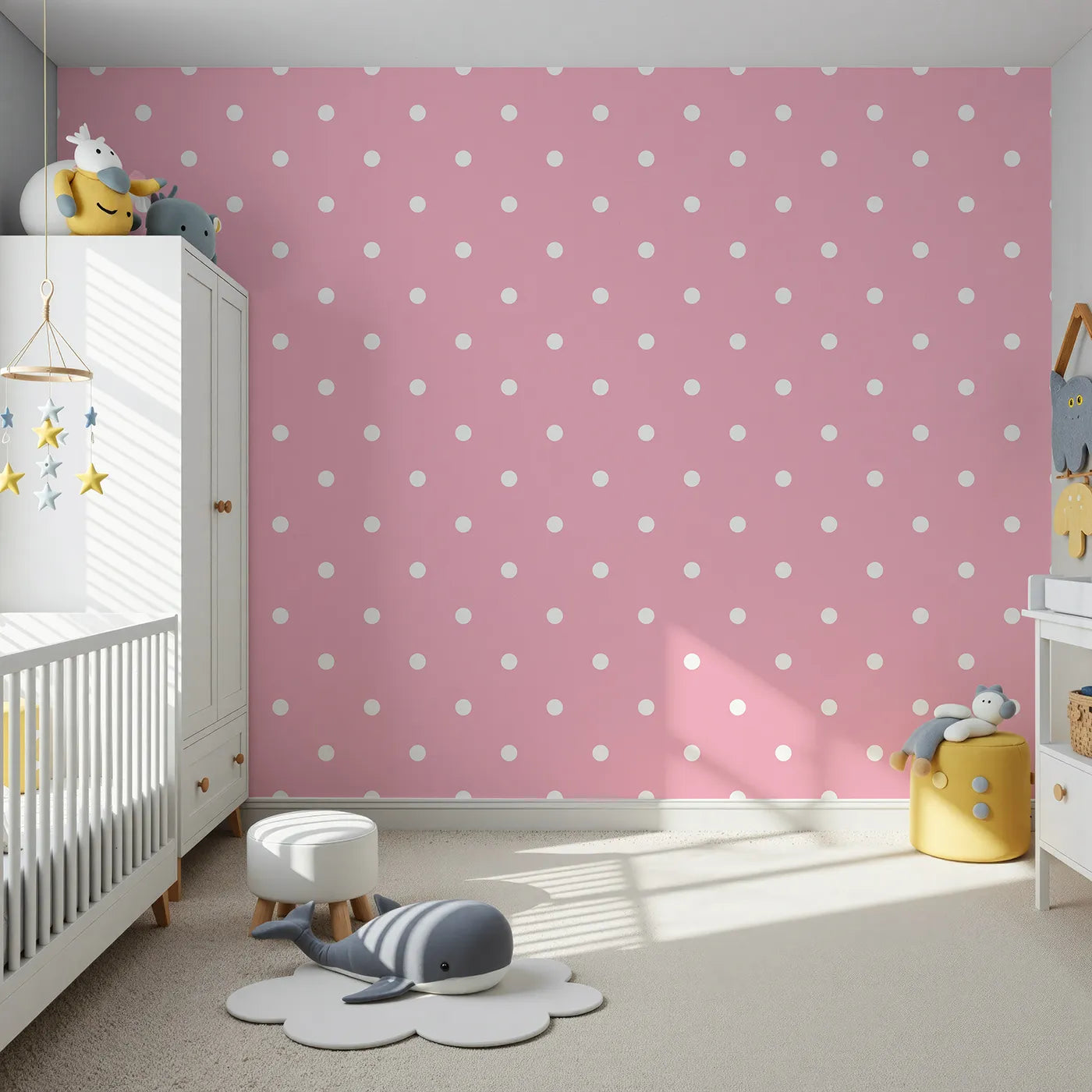 Front view of Whimsy Tots' Polka Dot Whimsy Wallpaper in Pink