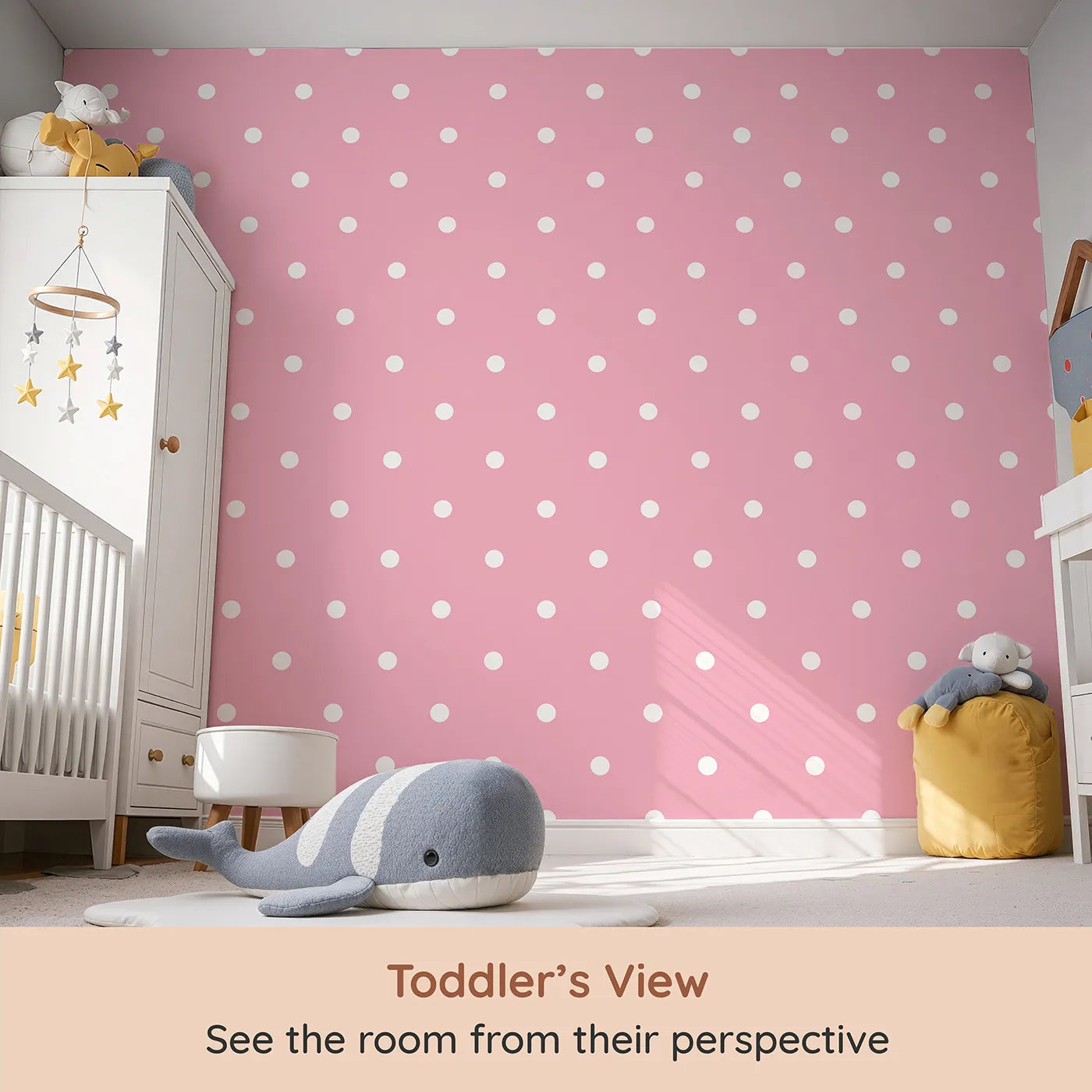 Whimsy Tots Polka Dot Whimsy Wallpaper in Pink (W3035A) from your child's view.A soft shower of white dots brings cheerful charm to every wall.
