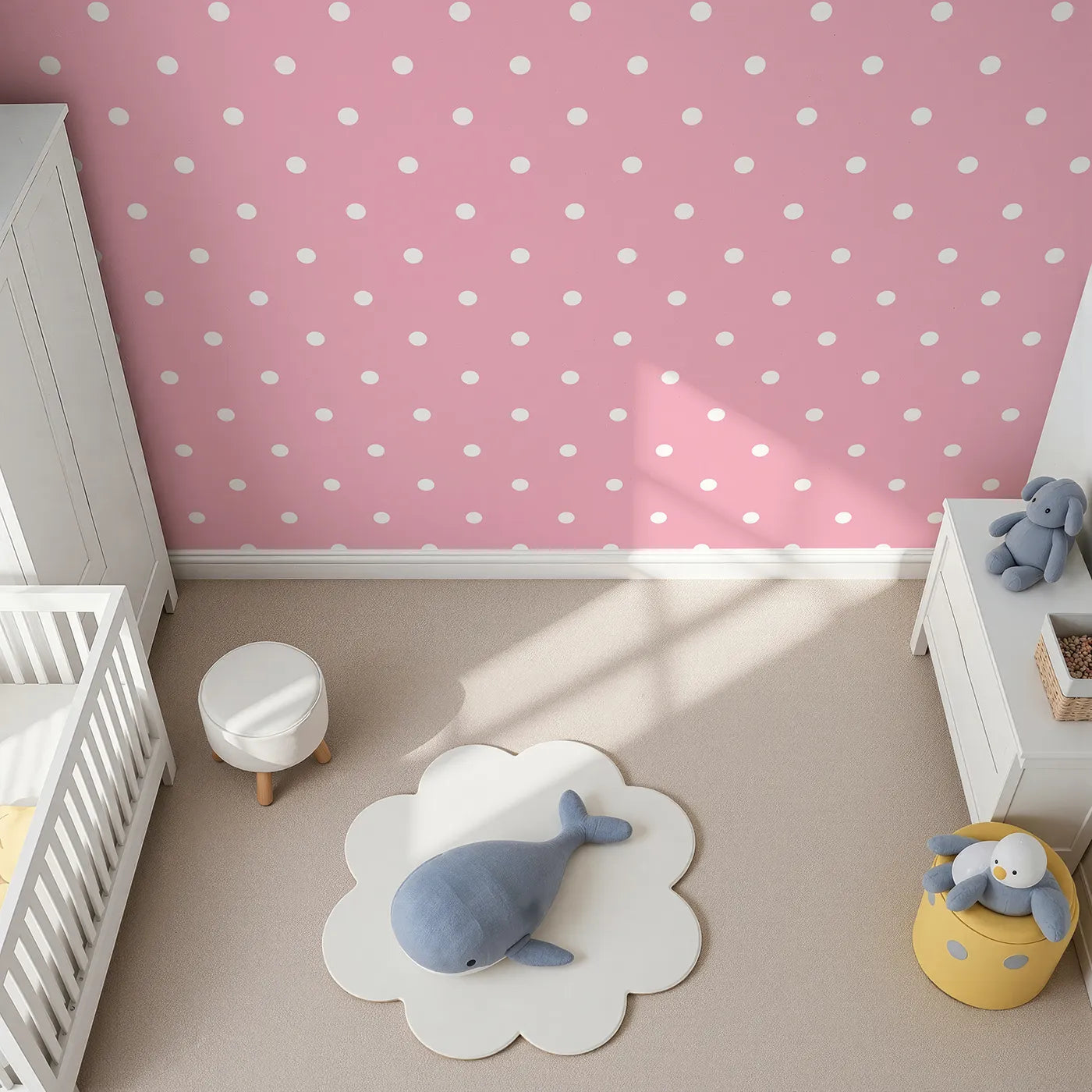 Top-Down view of Whimsy Tots' Polka Dot Whimsy Wallpaper in Pink (W3035A).A soft shower of white dots brings cheerful charm to every wall.