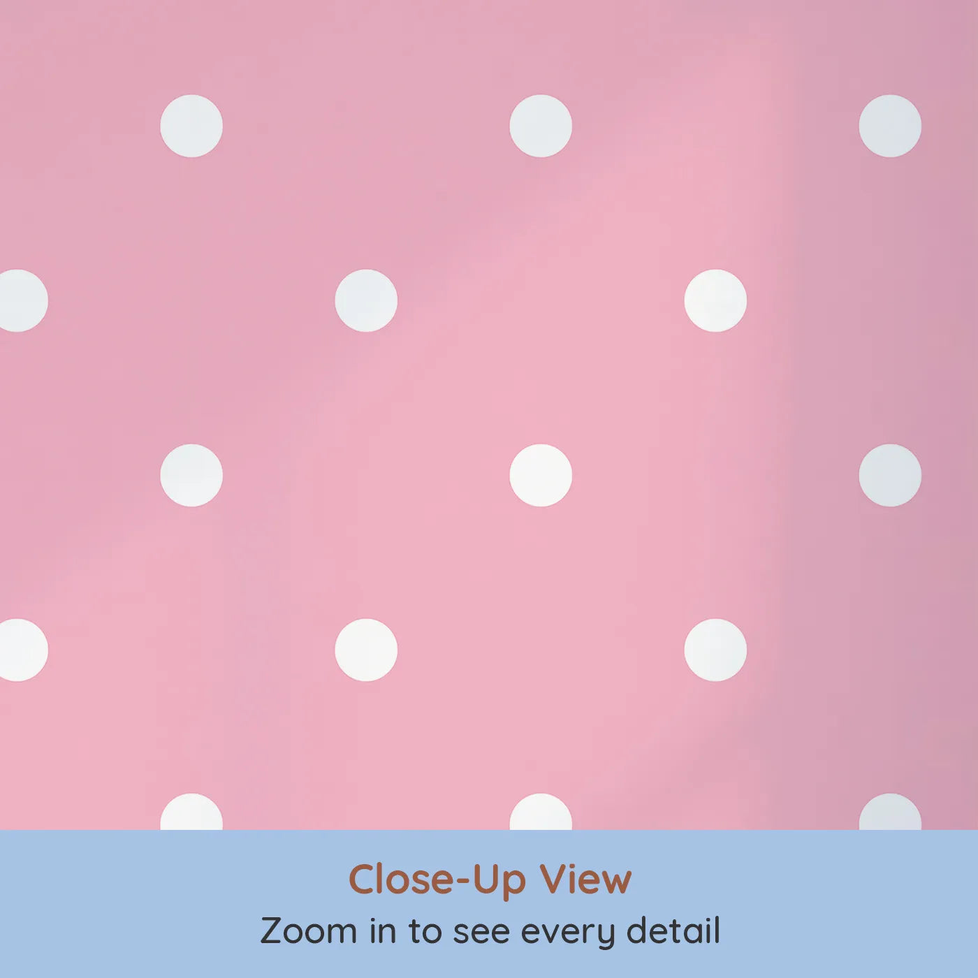 Close-up view of Whimsy Tots' Polka Dot Whimsy Wallpaper in Pink (W3035A).A soft shower of white dots brings cheerful charm to every wall.