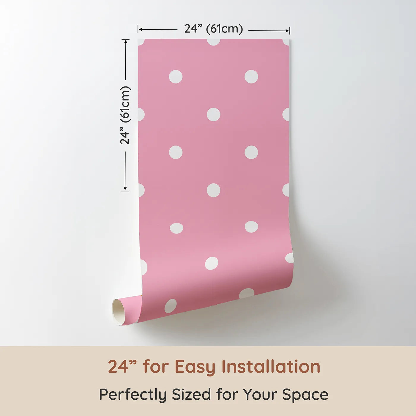 Dimension view of Whimsy Tots Polka Dot Whimsy Wallpaper in Pink (W3035A). Printed in 24-inch-wide panel for easy installation. A soft shower of white dots brings cheerful charm to every wall.