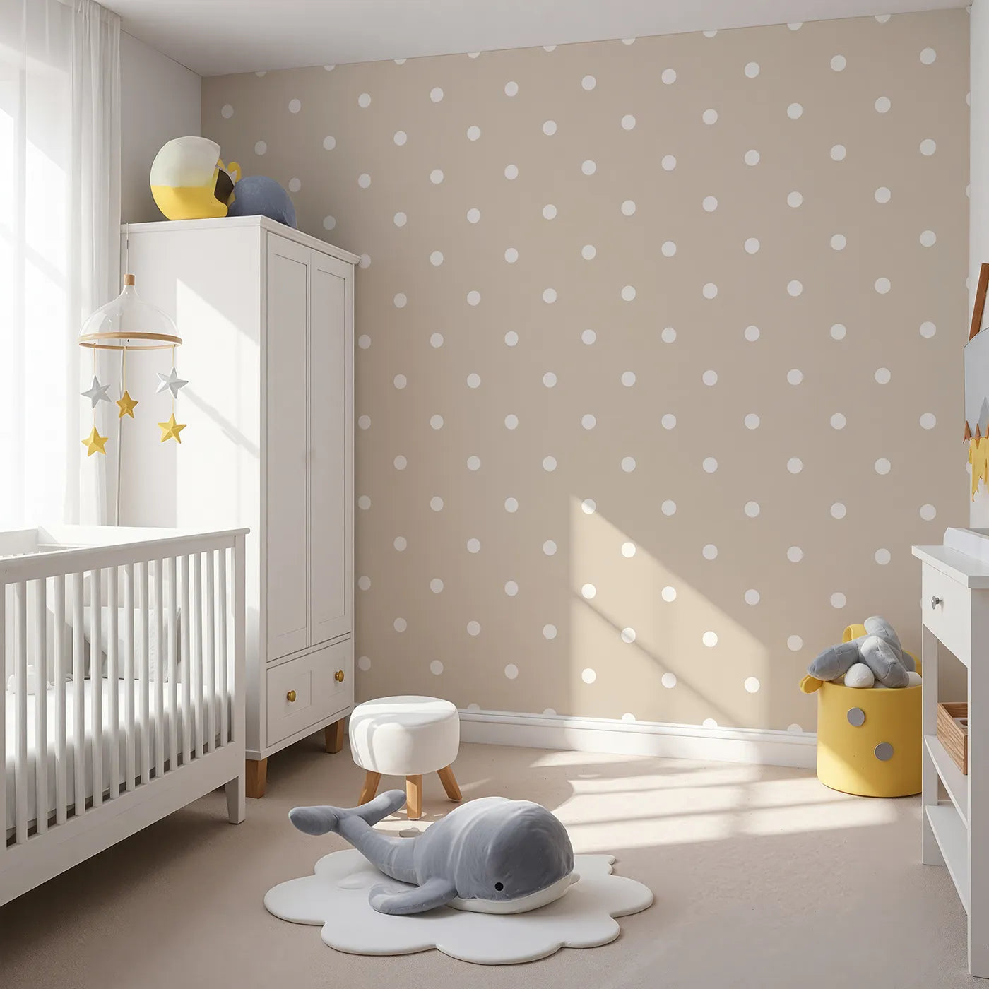 Angled view of Whimsy Tots' Polka Dot Whimsy Wallpaper in Beige (W3035B).A soothing sprinkle of soft white dots brings quiet delight to every space.