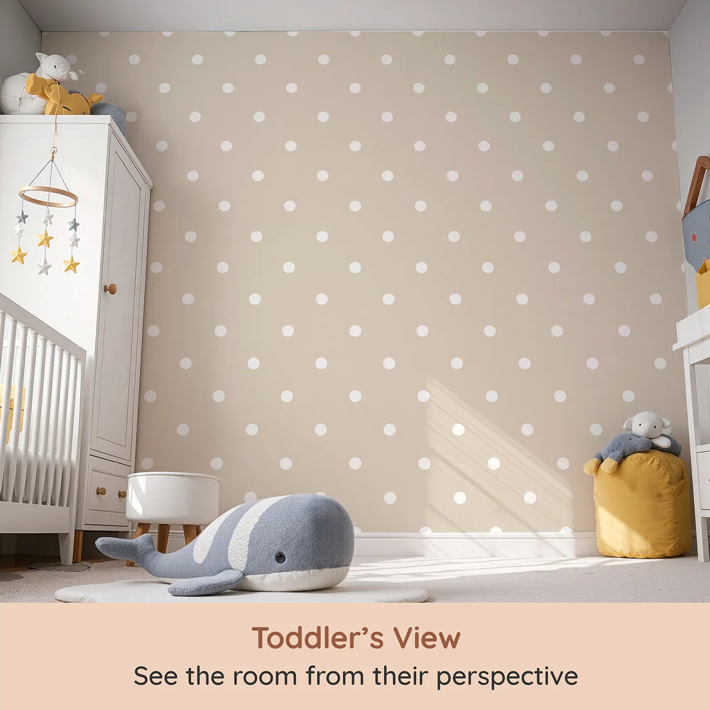 Whimsy Tots Polka Dot Whimsy Wallpaper in Beige (W3035B) from your child's view.A soothing sprinkle of soft white dots brings quiet delight to every space.