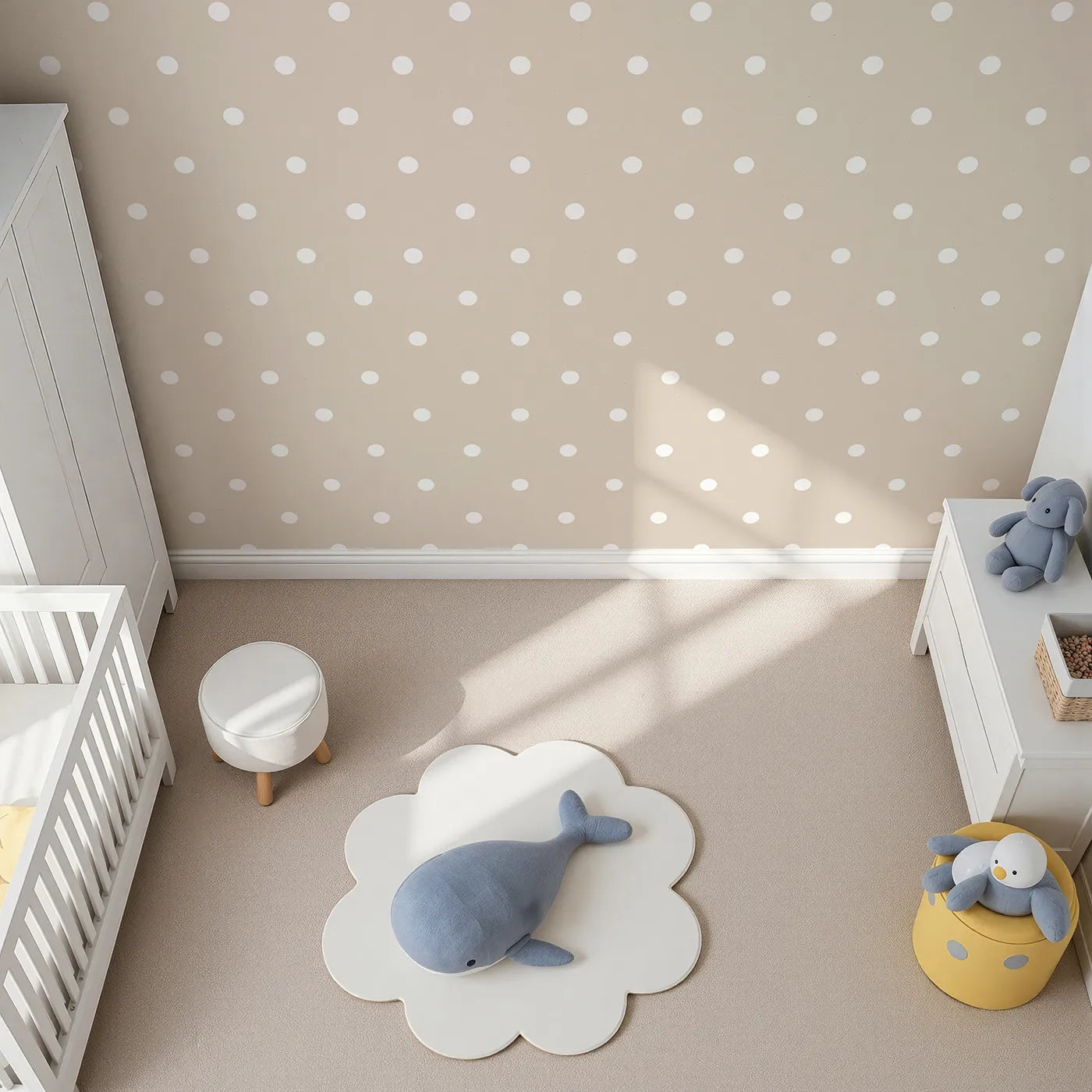 Top-Down view of Whimsy Tots' Polka Dot Whimsy Wallpaper in Beige (W3035B).A soothing sprinkle of soft white dots brings quiet delight to every space.