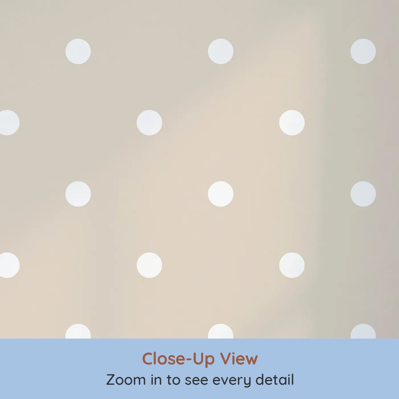 Close-up view of Whimsy Tots' Polka Dot Whimsy Wallpaper in Beige (W3035B).A soothing sprinkle of soft white dots brings quiet delight to every space.