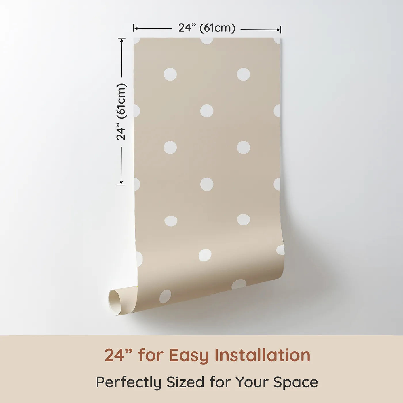 Dimension view of Whimsy Tots Polka Dot Whimsy Wallpaper in Beige (W3035B). Printed in 24-inch-wide panel for easy installation. A soothing sprinkle of soft white dots brings quiet delight to every space.