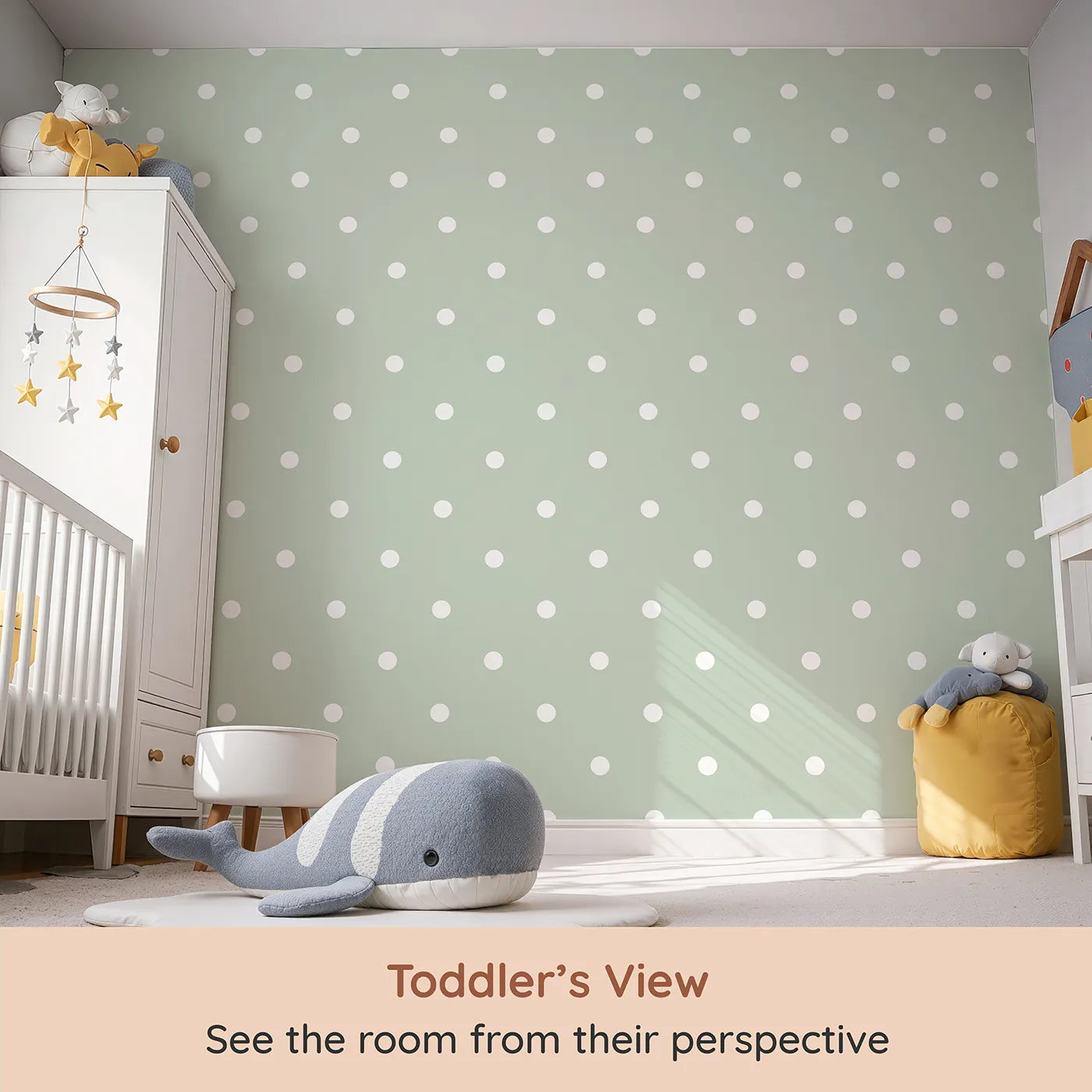Whimsy Tots Polka Dot Whimsy Wallpaper in Sage Green (W3035C) from your child's view.A gentle dash of white dots brings balance, charm, and soft playfulness.