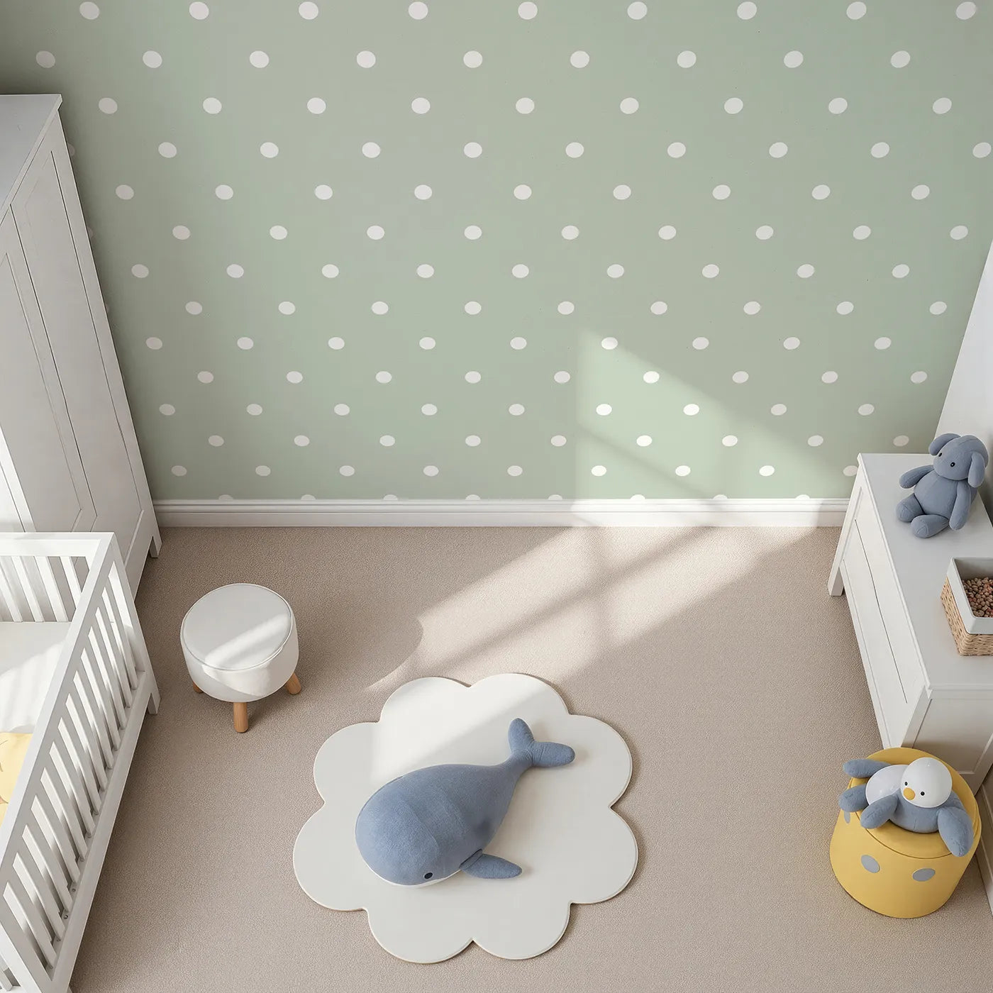 Top-Down view of Whimsy Tots' Polka Dot Whimsy Wallpaper in Sage Green (W3035C).A gentle dash of white dots brings balance, charm, and soft playfulness.