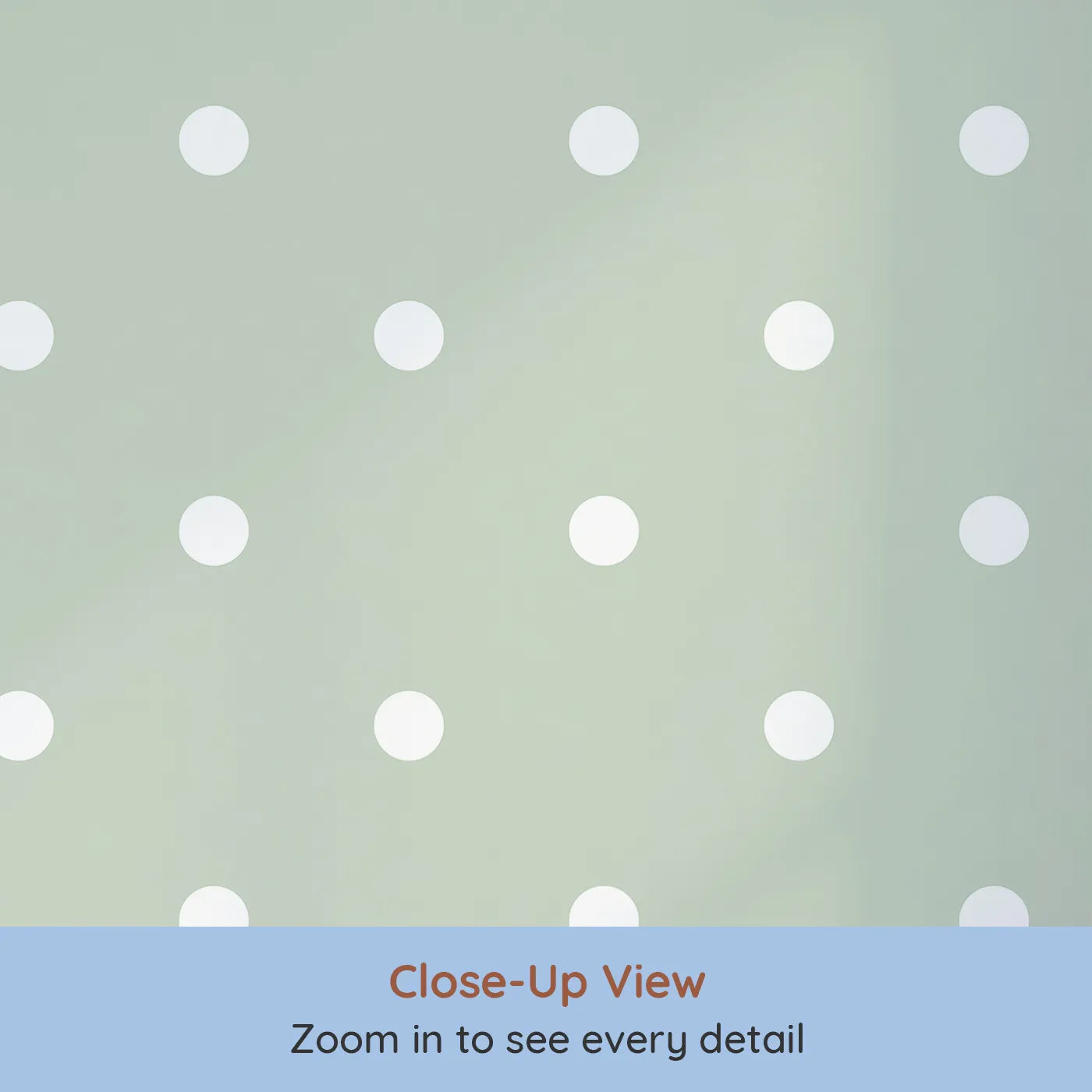 Close-up view of Whimsy Tots' Polka Dot Whimsy Wallpaper in Sage Green (W3035C).A gentle dash of white dots brings balance, charm, and soft playfulness.