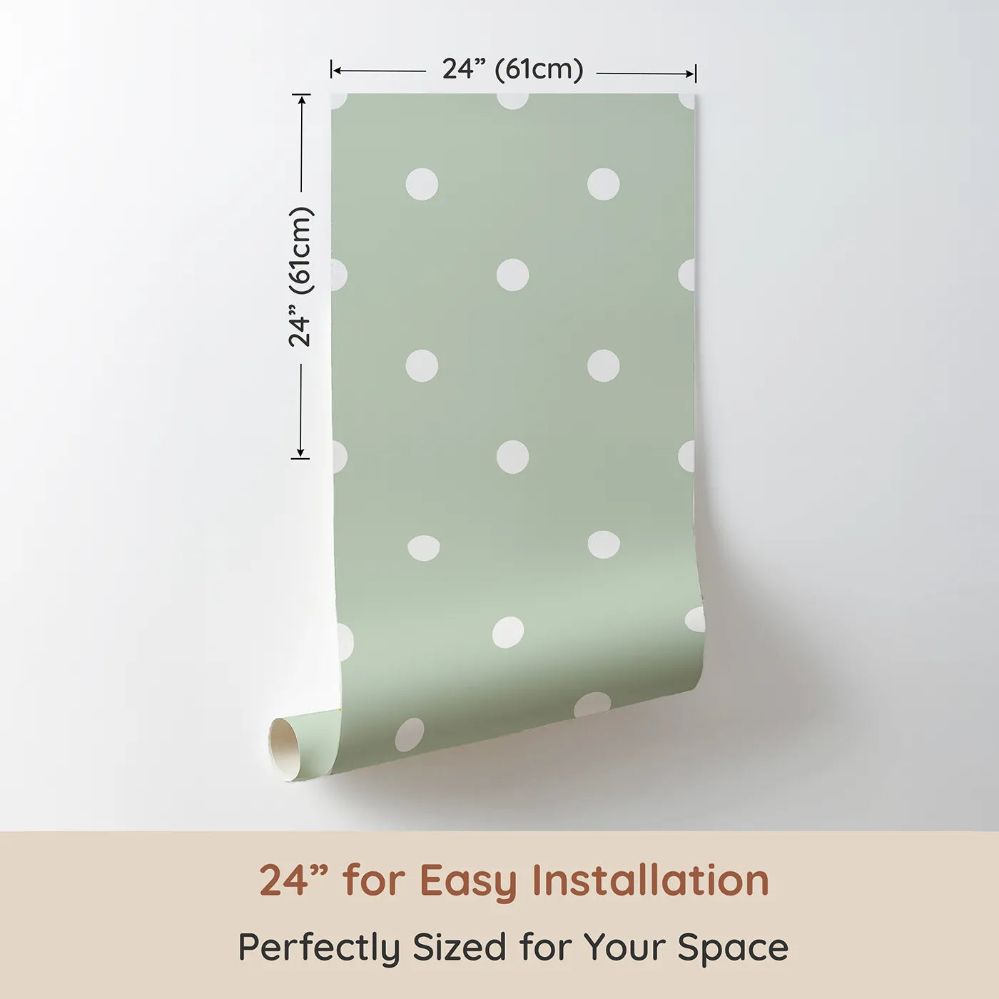 Dimension view of Whimsy Tots Polka Dot Whimsy Wallpaper in Sage Green (W3035C). Printed in 24-inch-wide panel for easy installation. A gentle dash of white dots brings balance, charm, and soft playfulness.