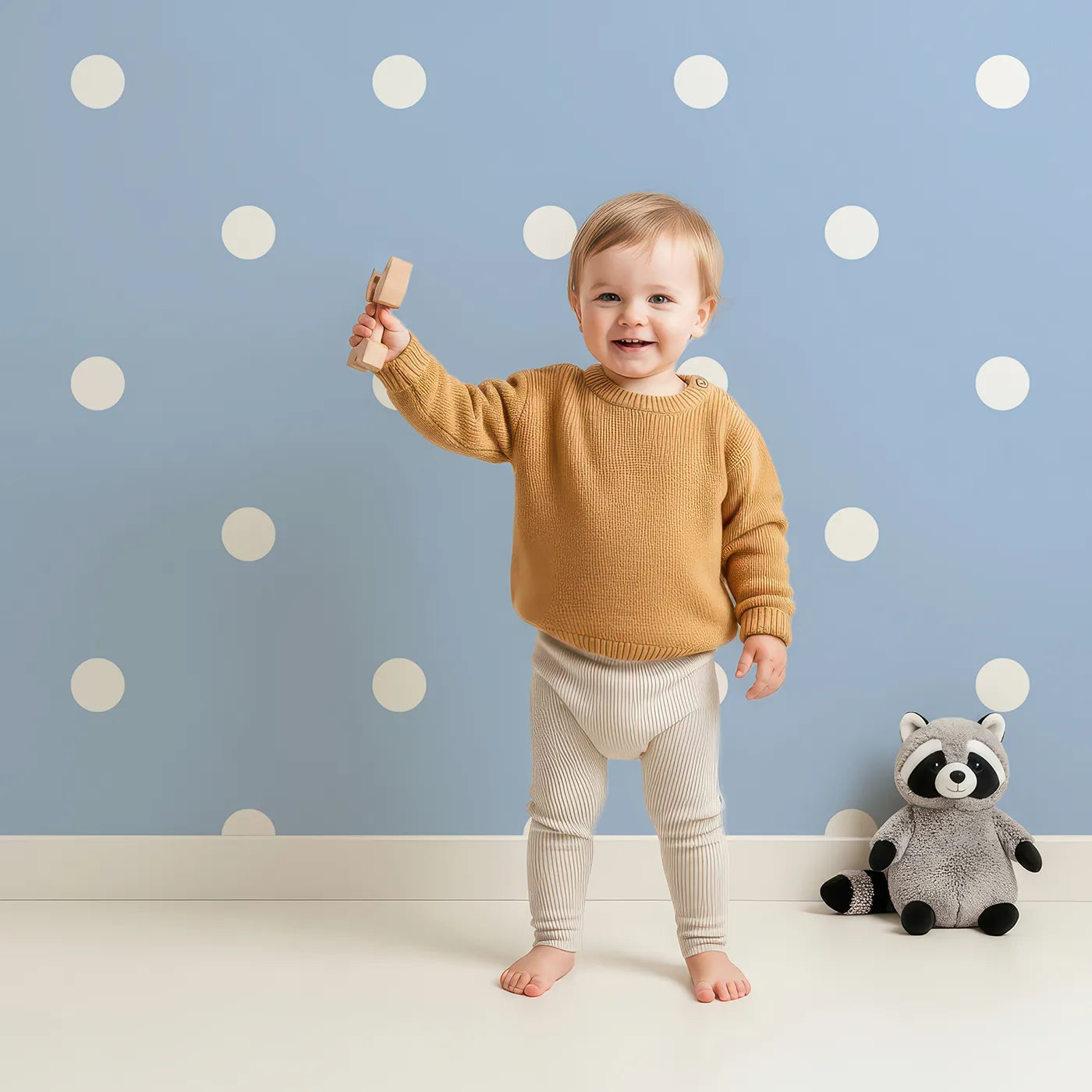 Lovely child standing in front of Whimsy Tots Polka Dot Whimsy Wallpaper in Bluebell with dot, polka in design.