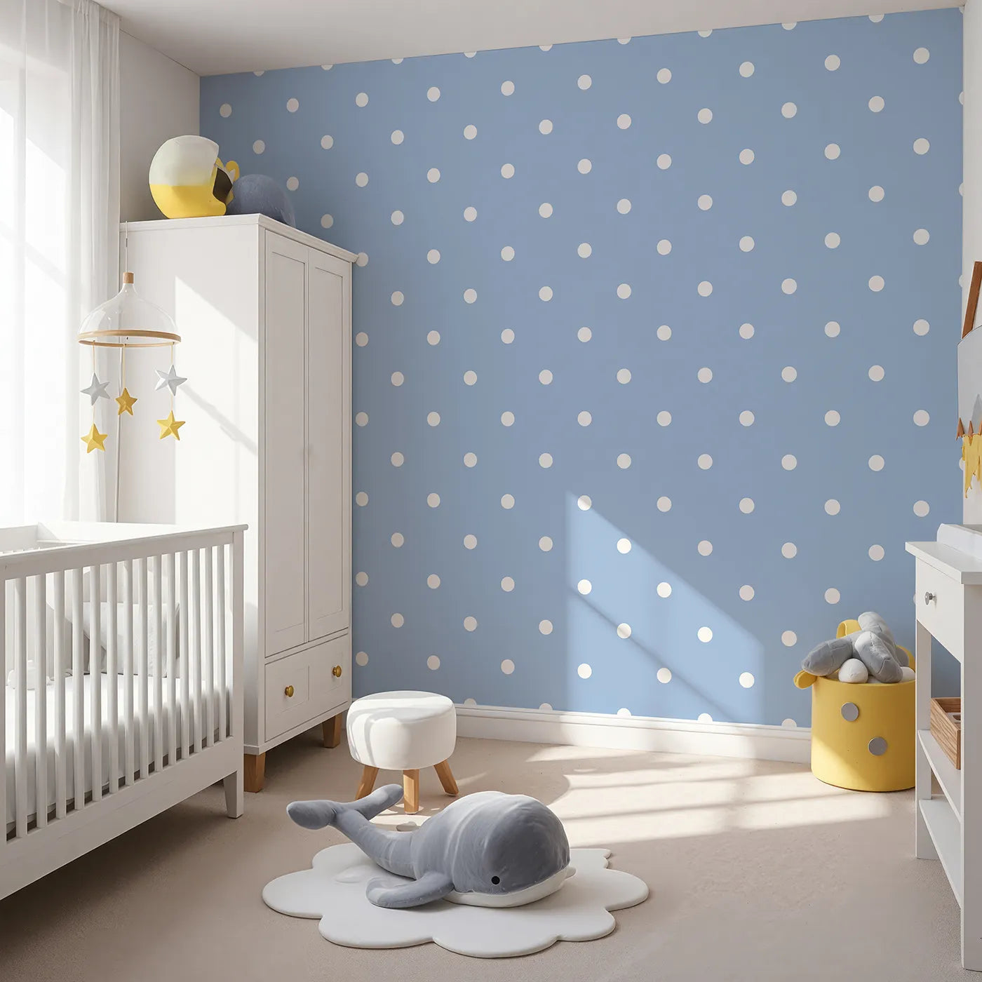 Angled view of Whimsy Tots' Polka Dot Whimsy Wallpaper in Bluebell (W3035D).White dots dance on a soft blue sky, bringing lightness and joy.
