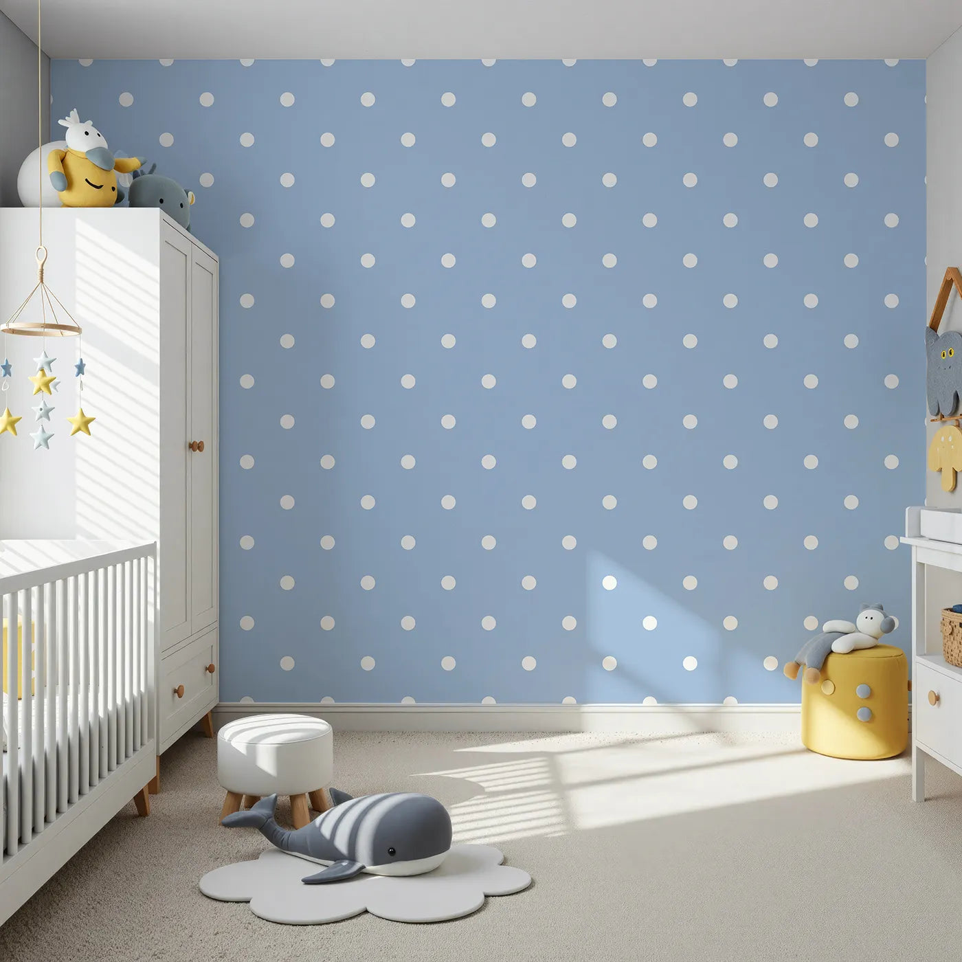 Front view of Whimsy Tots' Polka Dot Whimsy Wallpaper in Bluebell