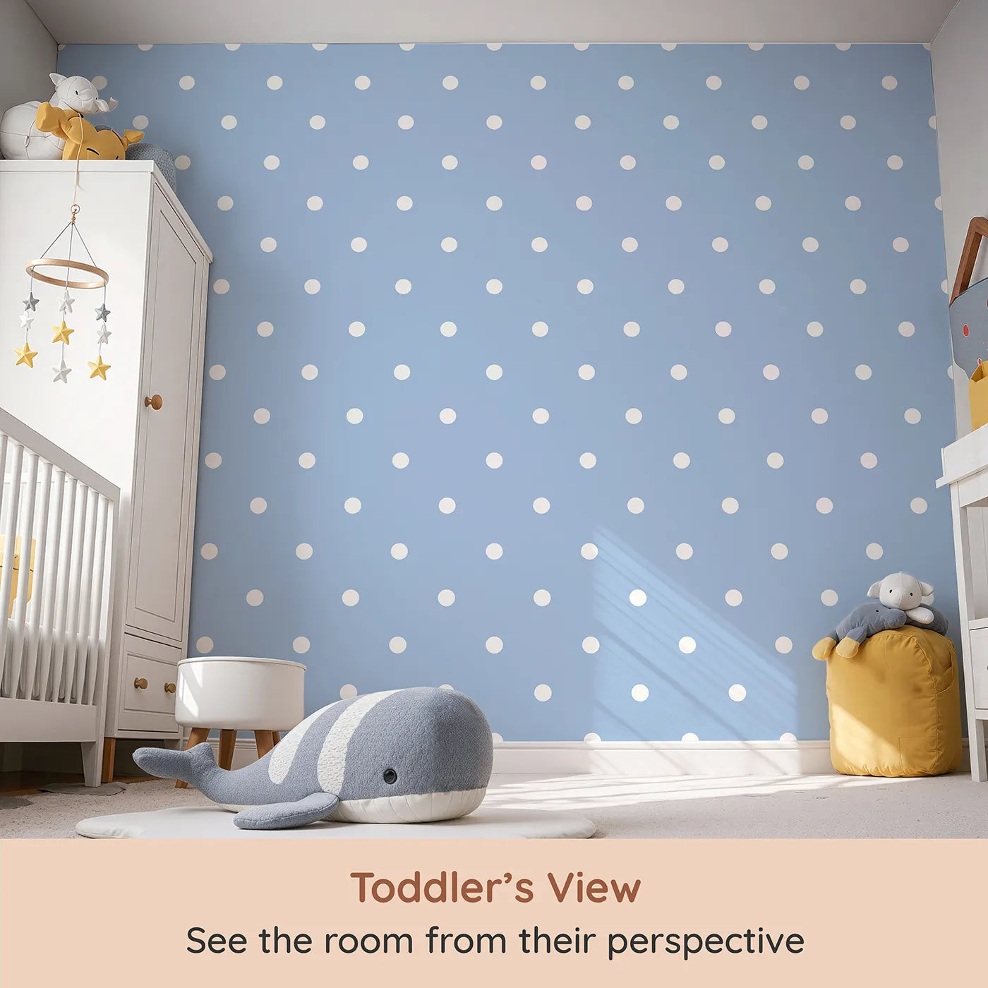 Whimsy Tots Polka Dot Whimsy Wallpaper in Bluebell (W3035D) from your child's view.White dots dance on a soft blue sky, bringing lightness and joy.