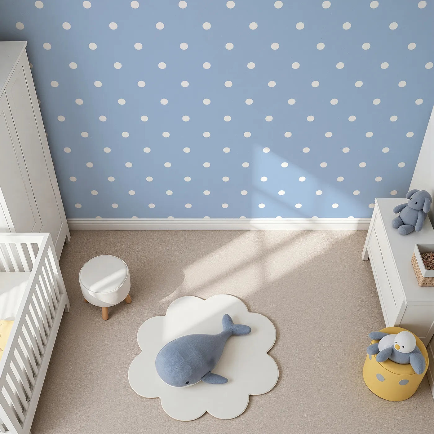 Top-Down view of Whimsy Tots' Polka Dot Whimsy Wallpaper in Bluebell (W3035D).White dots dance on a soft blue sky, bringing lightness and joy.