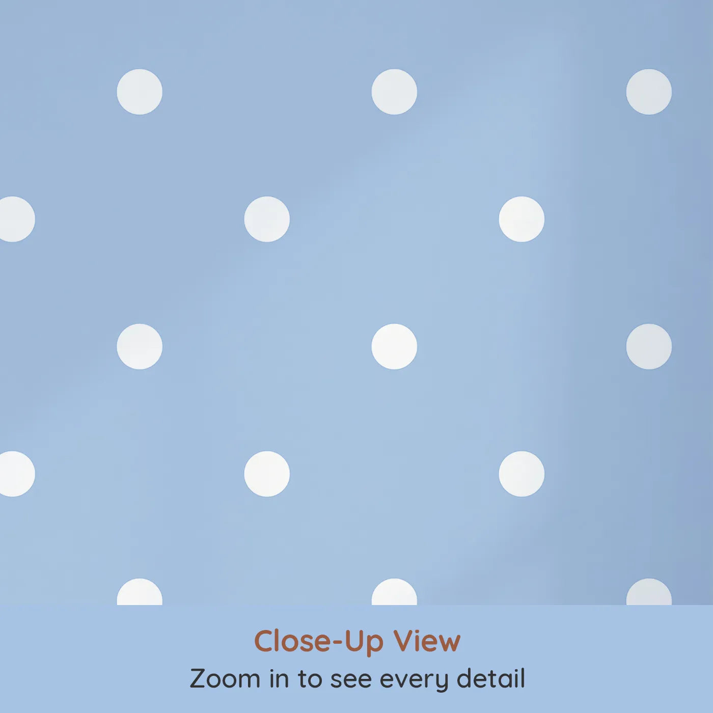 Close-up view of Whimsy Tots' Polka Dot Whimsy Wallpaper in Bluebell (W3035D).White dots dance on a soft blue sky, bringing lightness and joy.