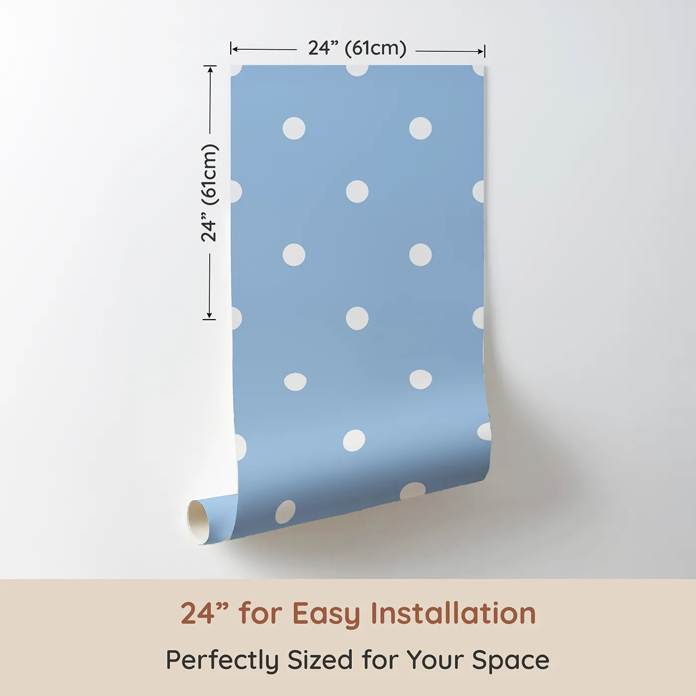 Dimension view of Whimsy Tots Polka Dot Whimsy Wallpaper in Bluebell (W3035D). Printed in 24-inch-wide panel for easy installation. White dots dance on a soft blue sky, bringing lightness and joy.