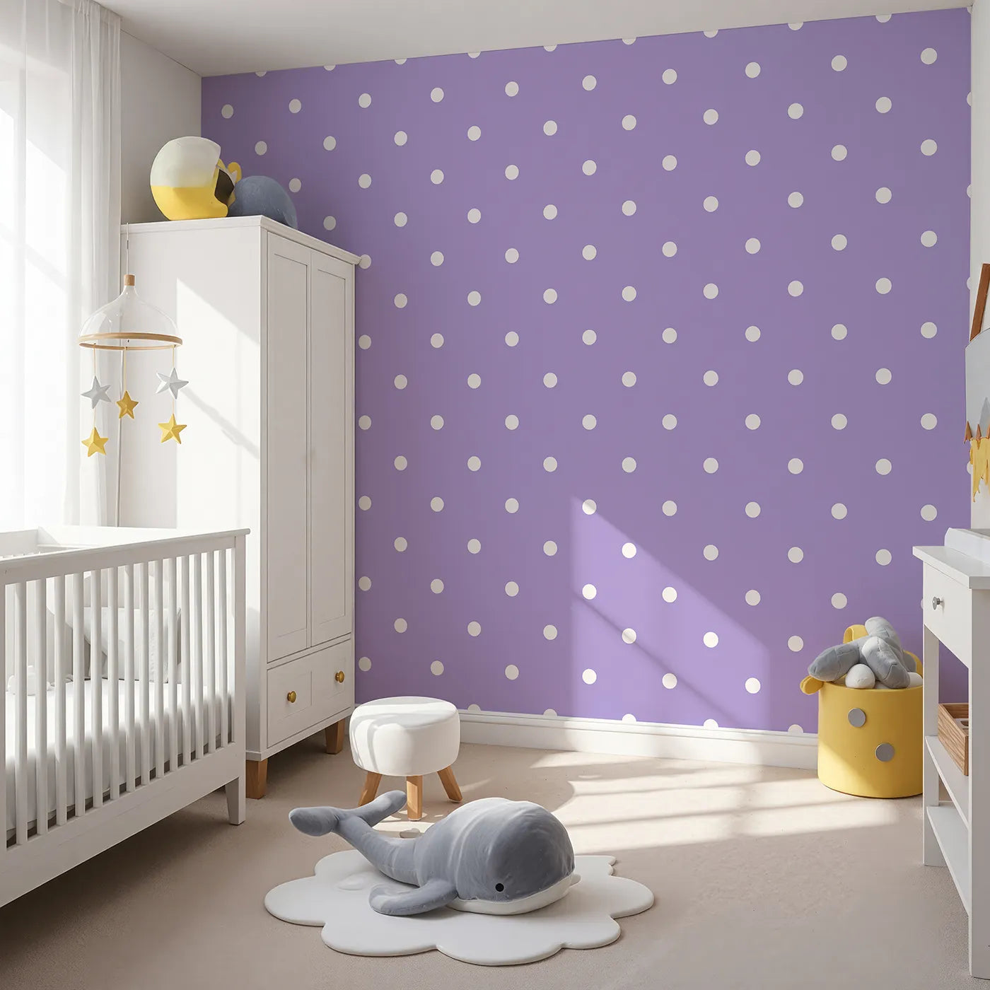 Angled view of Whimsy Tots' Polka Dot Whimsy Wallpaper in Lavender (W3035E).A gentle flurry of white dots adds charm to every lilac-hued moment.