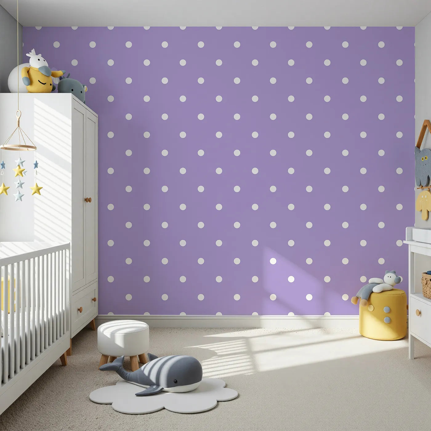 Front view of Whimsy Tots' Polka Dot Whimsy Wallpaper in Lavender