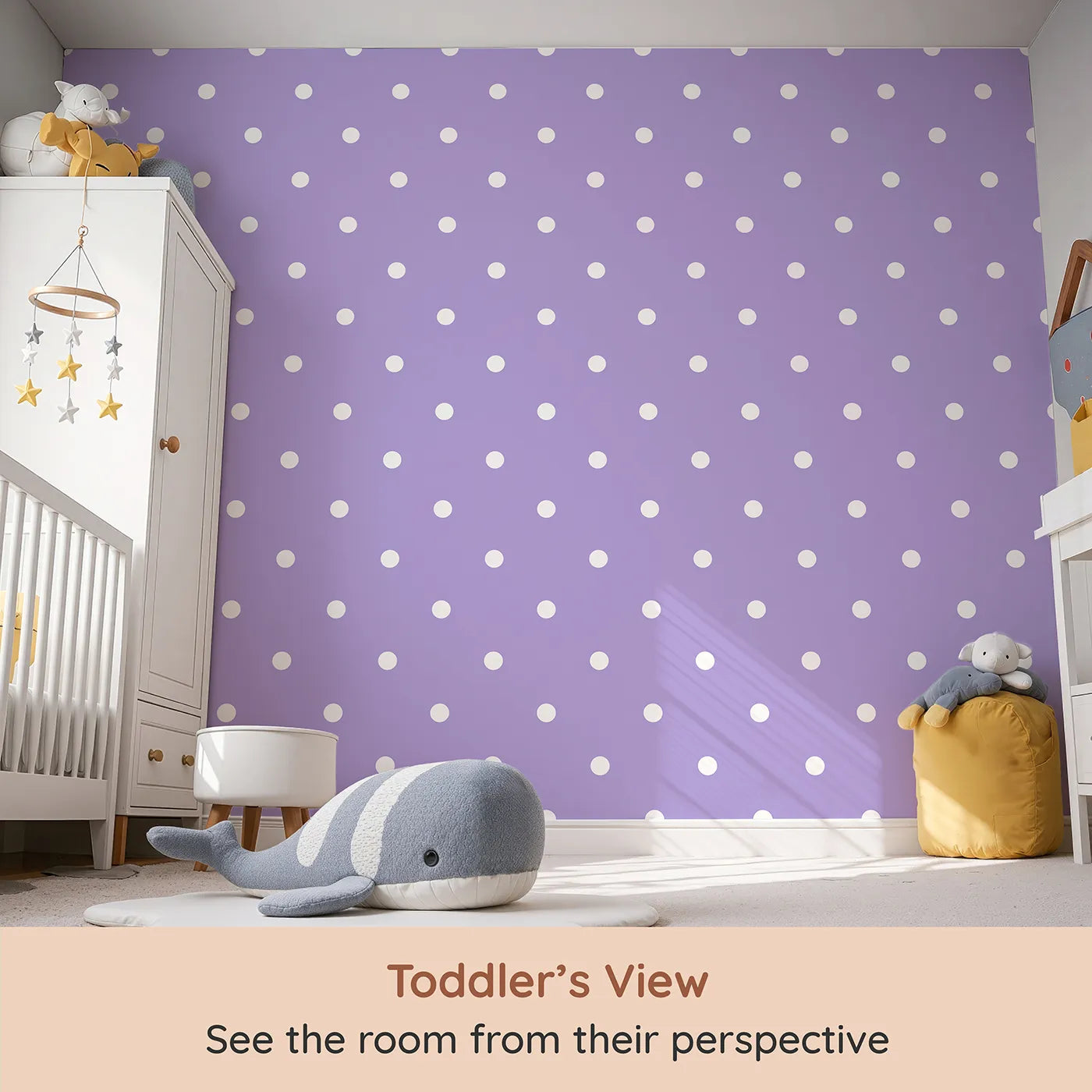 Whimsy Tots Polka Dot Whimsy Wallpaper in Lavender (W3035E) from your child's view.A gentle flurry of white dots adds charm to every lilac-hued moment.
