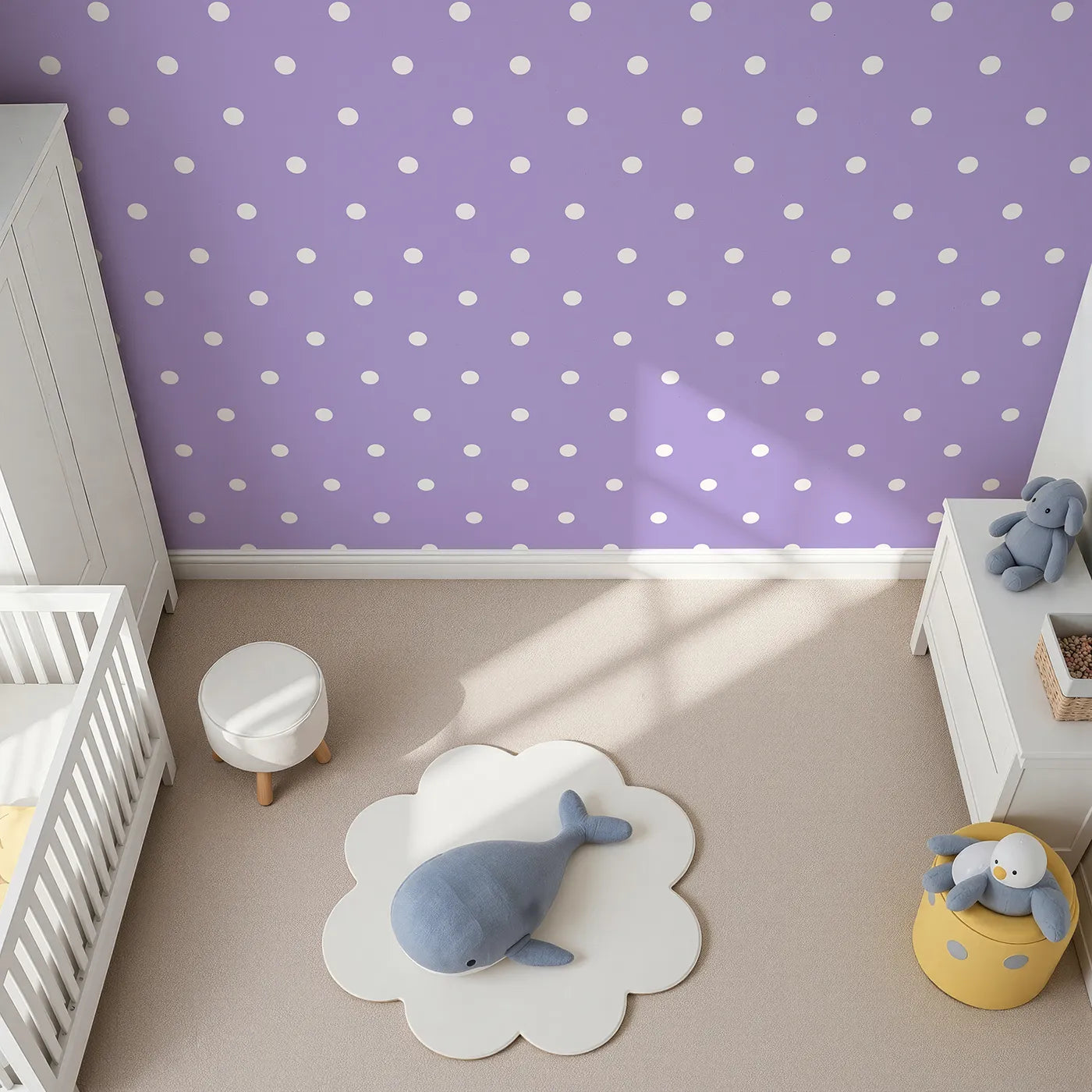 Top-Down view of Whimsy Tots' Polka Dot Whimsy Wallpaper in Lavender (W3035E).A gentle flurry of white dots adds charm to every lilac-hued moment.