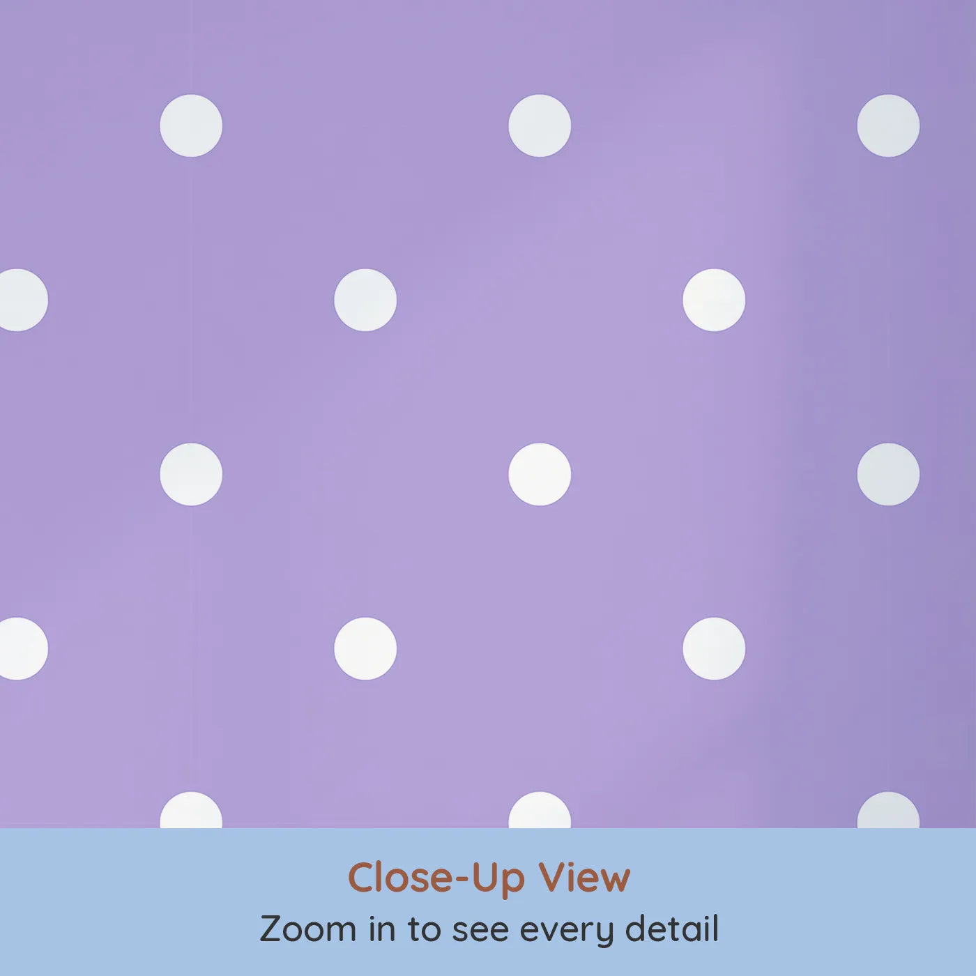Close-up view of Whimsy Tots' Polka Dot Whimsy Wallpaper in Lavender (W3035E).A gentle flurry of white dots adds charm to every lilac-hued moment.