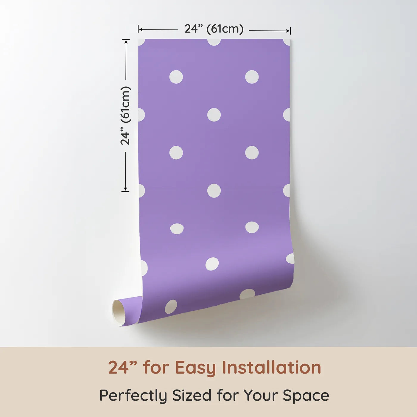 Dimension view of Whimsy Tots Polka Dot Whimsy Wallpaper in Lavender (W3035E). Printed in 24-inch-wide panel for easy installation. A gentle flurry of white dots adds charm to every lilac-hued moment.