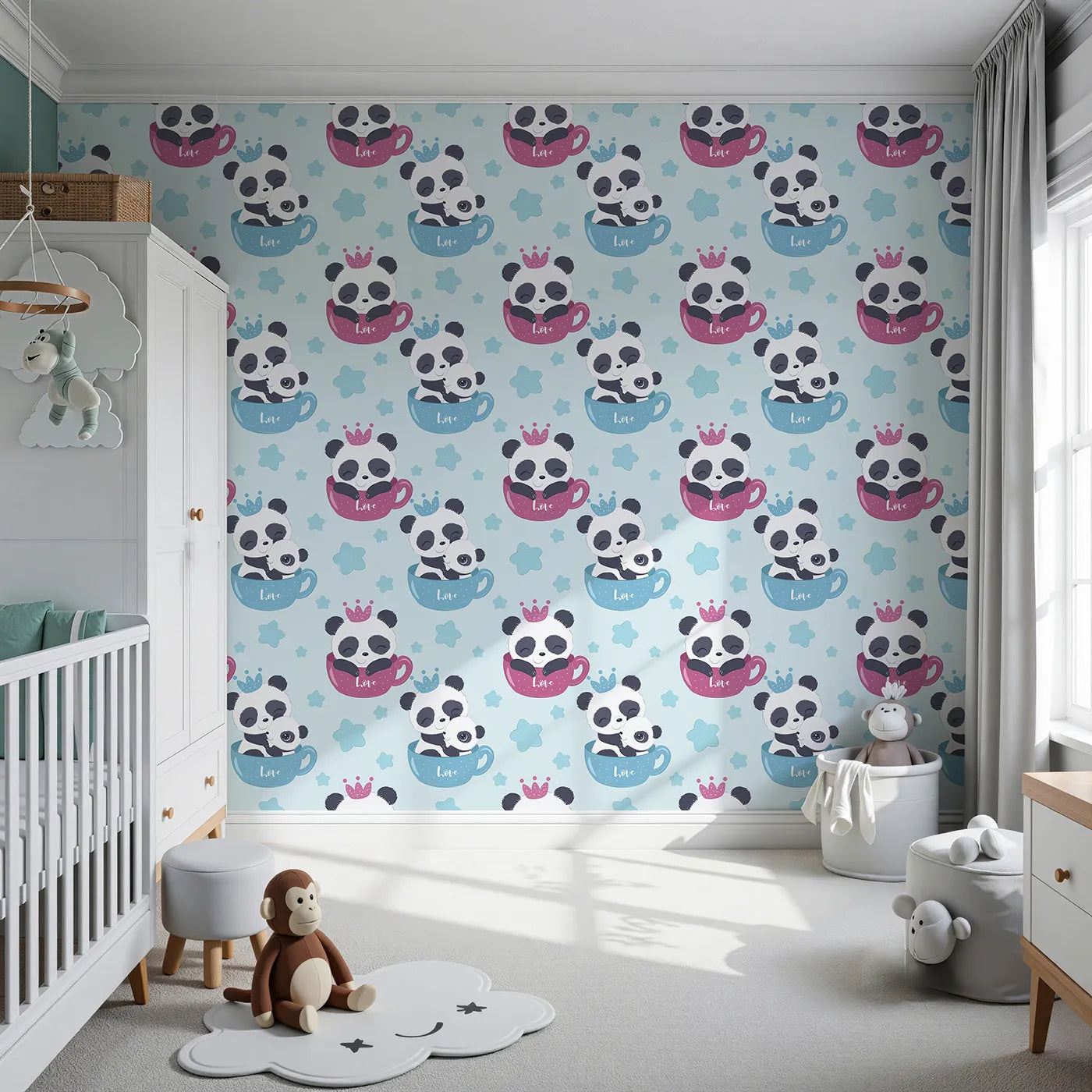 Front view of Whimsy Tots' Cuddle Cup Panda Wallpaper in Blue