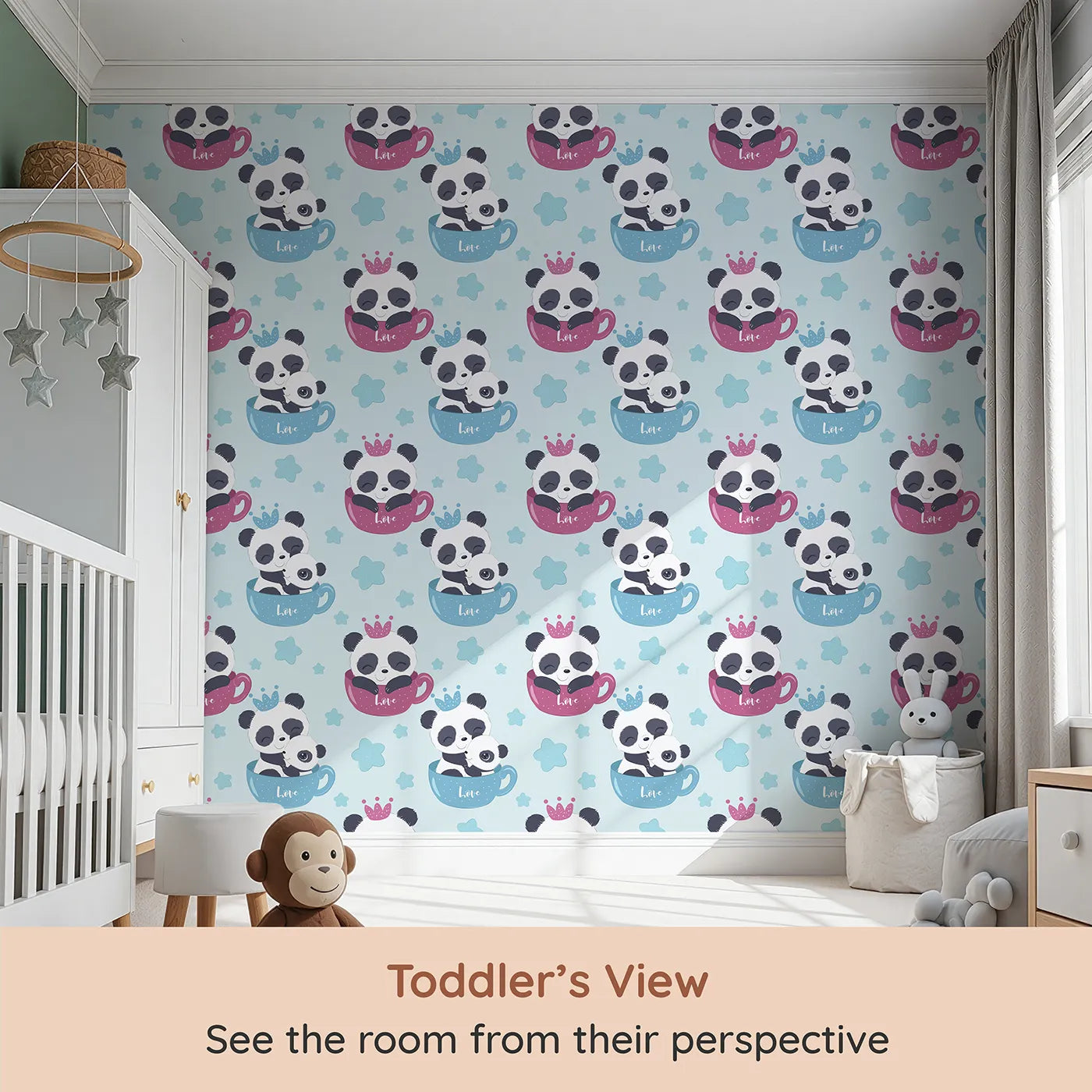 Whimsy Tots Cuddle Cup Panda Wallpaper in Blue (W3036A) from your child's view.Pandas cuddle sweetly in tea cups beneath a canopy of twinkling stars.