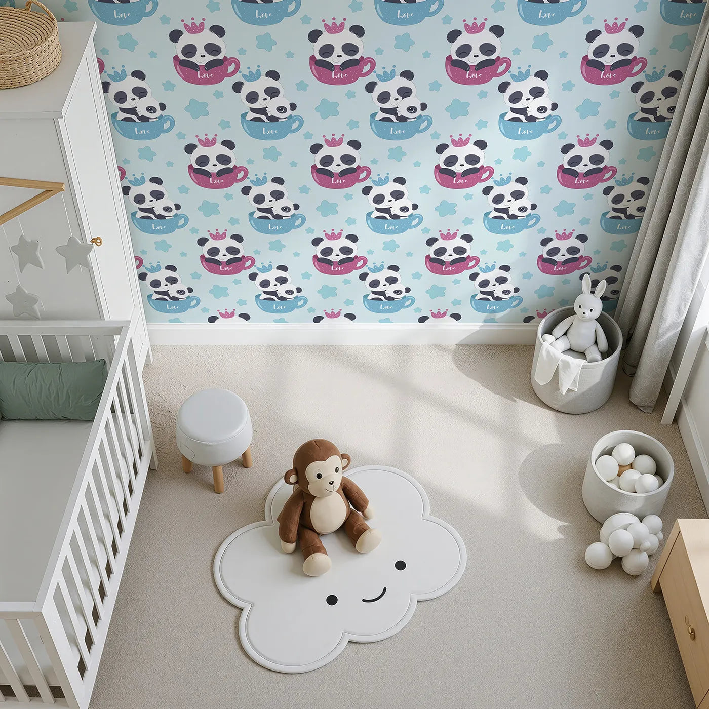 Top-Down view of Whimsy Tots' Cuddle Cup Panda Wallpaper in Blue (W3036A).Pandas cuddle sweetly in tea cups beneath a canopy of twinkling stars.