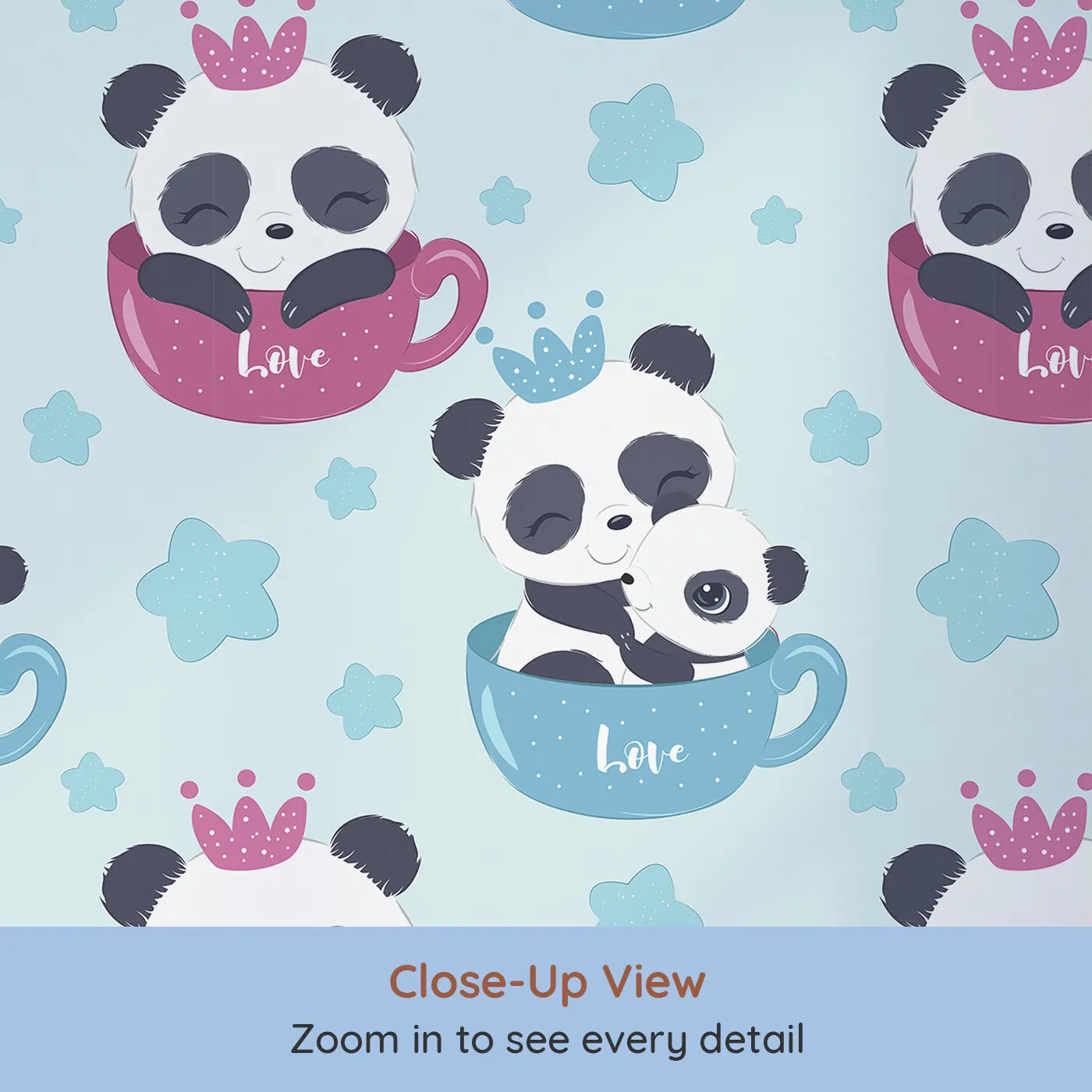 Close-up view of Whimsy Tots' Cuddle Cup Panda Wallpaper in Blue (W3036A).Pandas cuddle sweetly in tea cups beneath a canopy of twinkling stars.