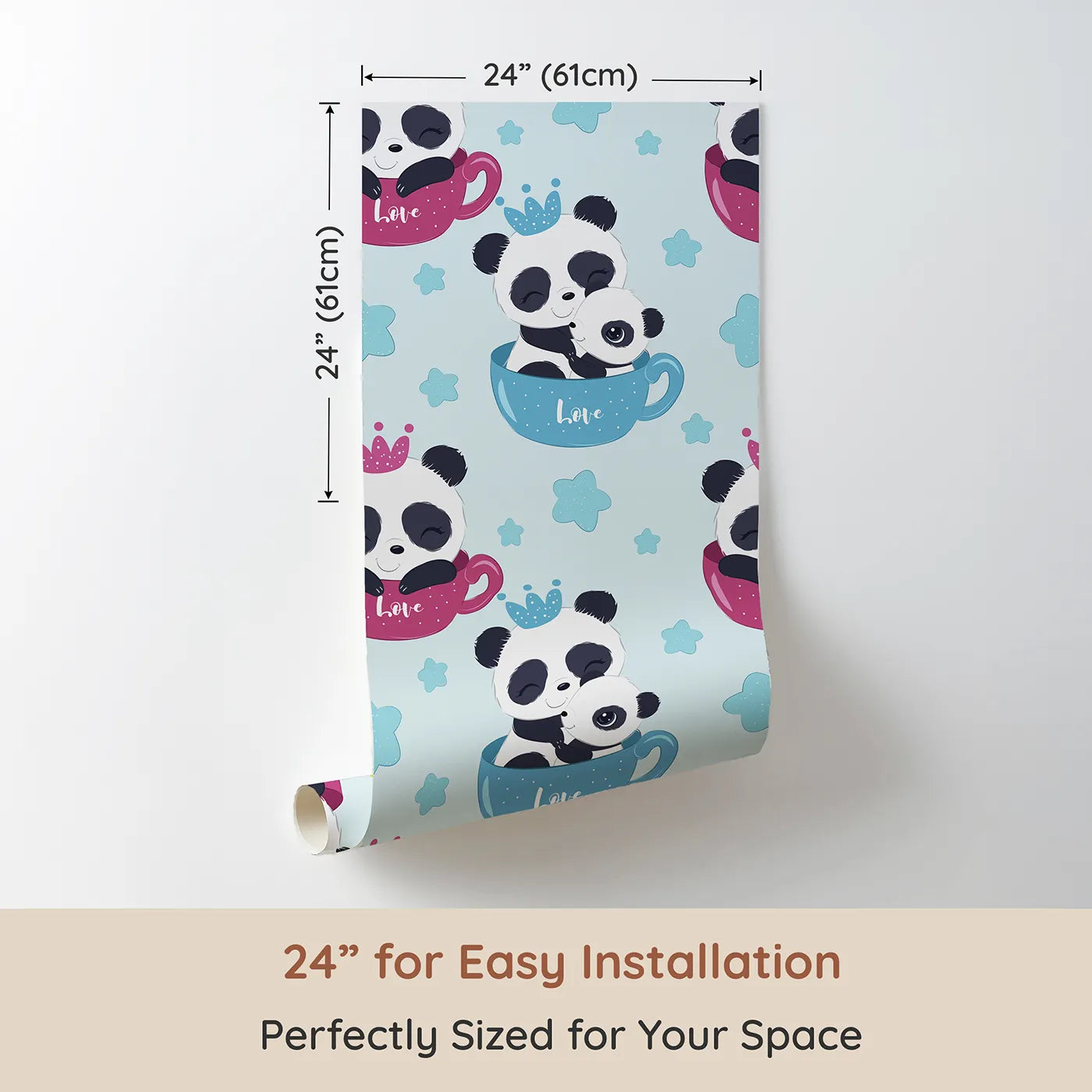 Dimension view of Whimsy Tots Cuddle Cup Panda Wallpaper in Blue (W3036A). Printed in 24-inch-wide panel for easy installation. Pandas cuddle sweetly in tea cups beneath a canopy of twinkling stars.