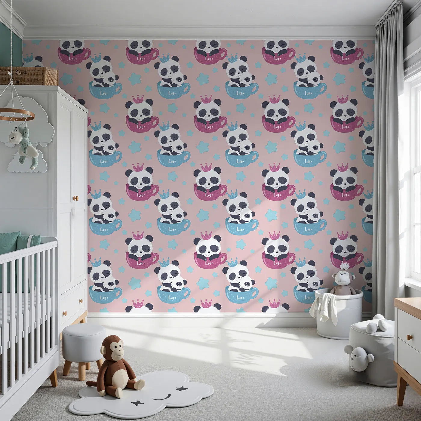 Front view of Whimsy Tots' Cuddle Cup Panda Wallpaper in Pink