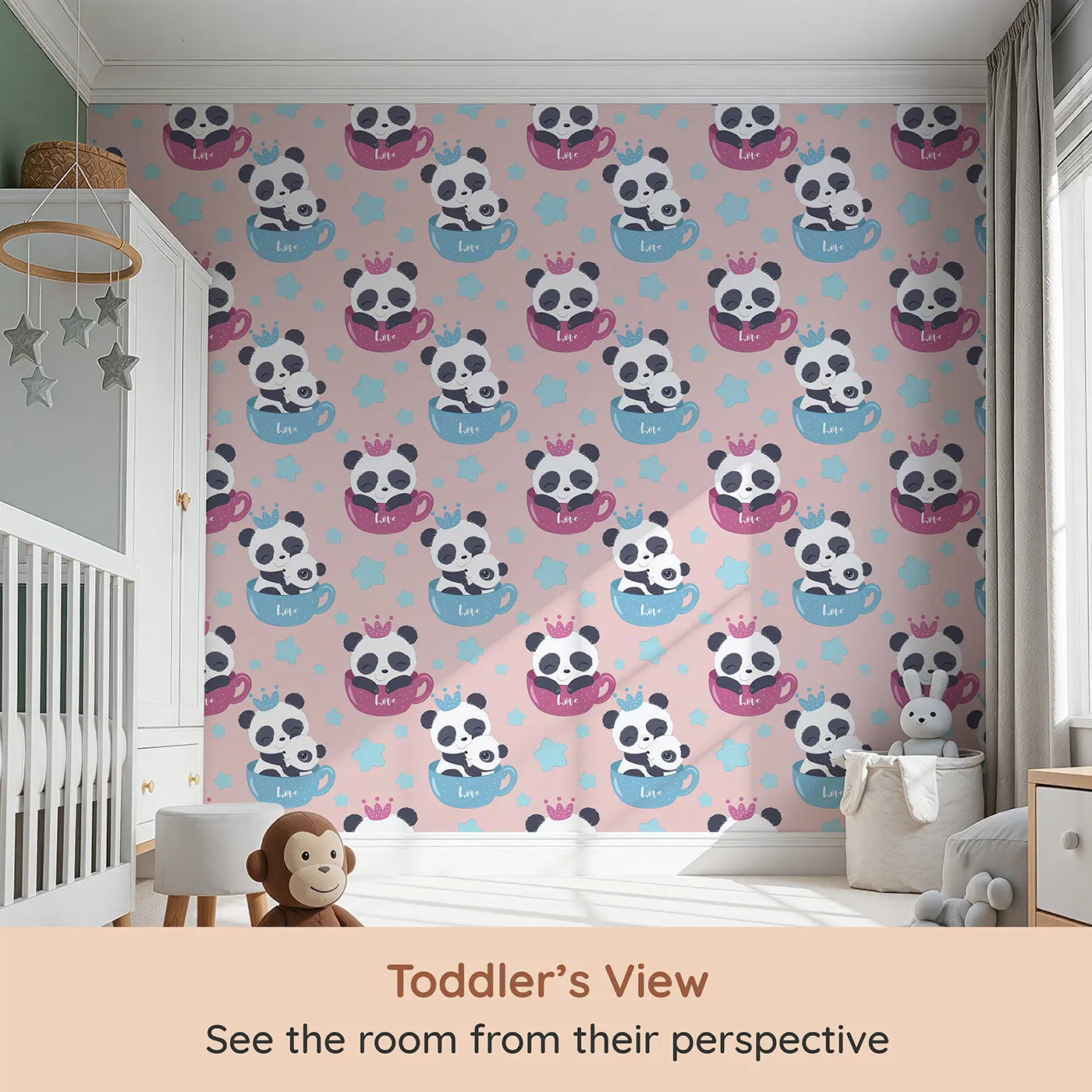 Whimsy Tots Cuddle Cup Panda Wallpaper in Pink (W3036B) from your child's view.Adorable pandas cuddle in tea cups, spreading sweet joy with every glance.