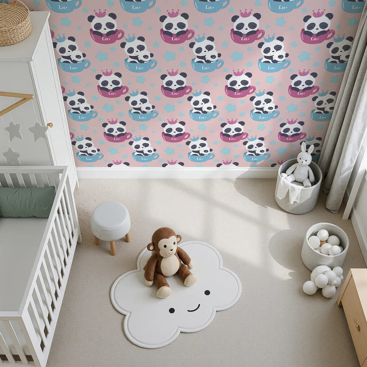 Top-Down view of Whimsy Tots' Cuddle Cup Panda Wallpaper in Pink (W3036B).Adorable pandas cuddle in tea cups, spreading sweet joy with every glance.