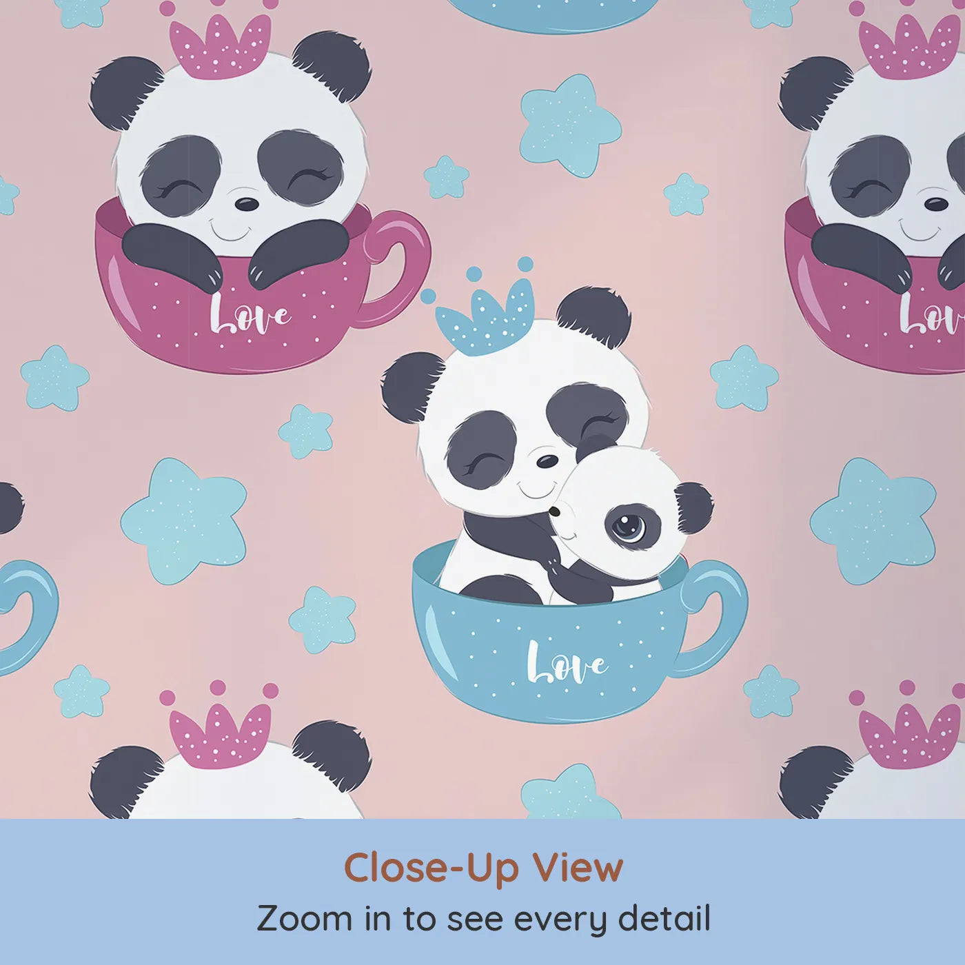 Close-up view of Whimsy Tots' Cuddle Cup Panda Wallpaper in Pink (W3036B).Adorable pandas cuddle in tea cups, spreading sweet joy with every glance.