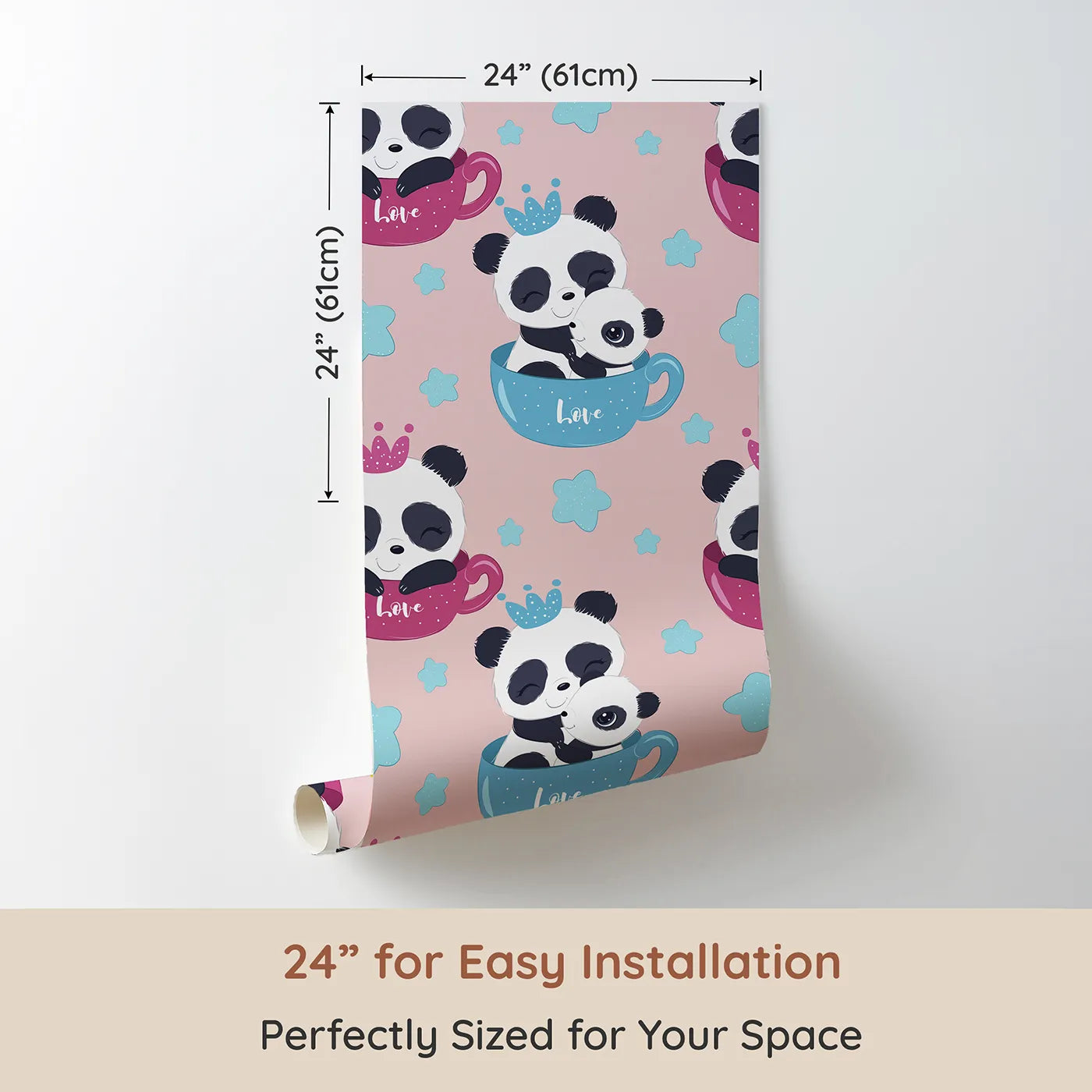 Dimension view of Whimsy Tots Cuddle Cup Panda Wallpaper in Pink (W3036B). Printed in 24-inch-wide panel for easy installation. Adorable pandas cuddle in tea cups, spreading sweet joy with every glance.