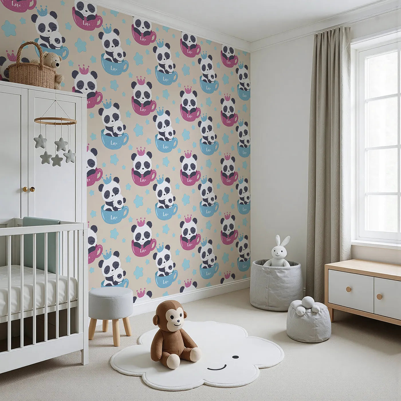 Angled view of Whimsy Tots' Cuddle Cup Panda Wallpaper in Beige (W3036C).Panda snuggles and gentle stars bring warmth to every soft-colored wall.