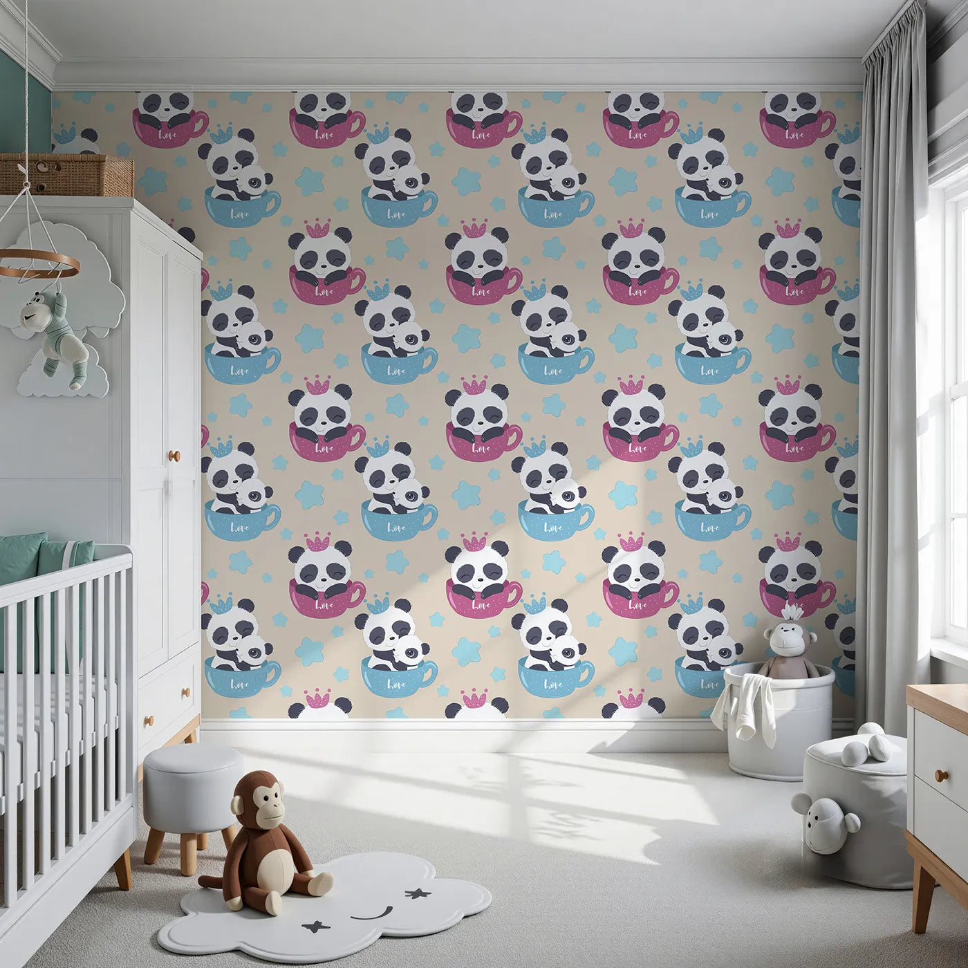 Front view of Whimsy Tots' Cuddle Cup Panda Wallpaper in Beige