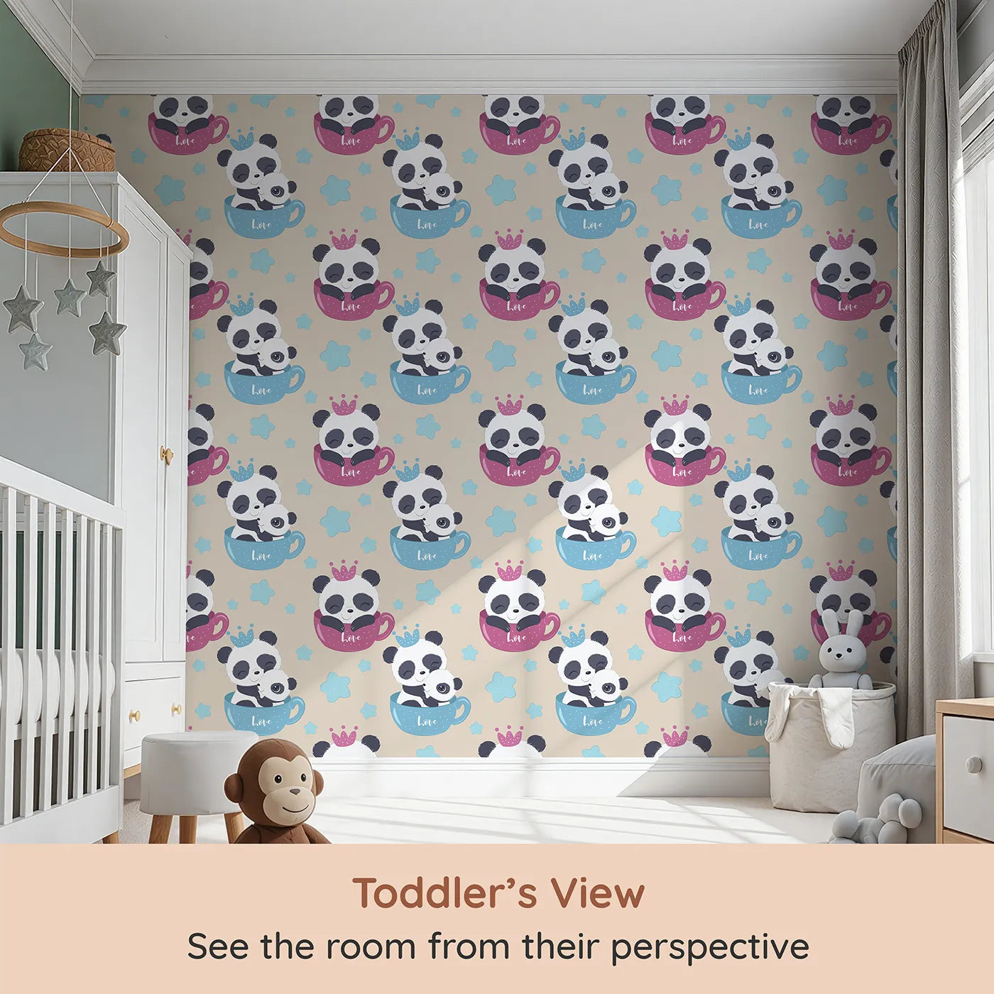 Whimsy Tots Cuddle Cup Panda Wallpaper in Beige (W3036C) from your child's view.Panda snuggles and gentle stars bring warmth to every soft-colored wall.