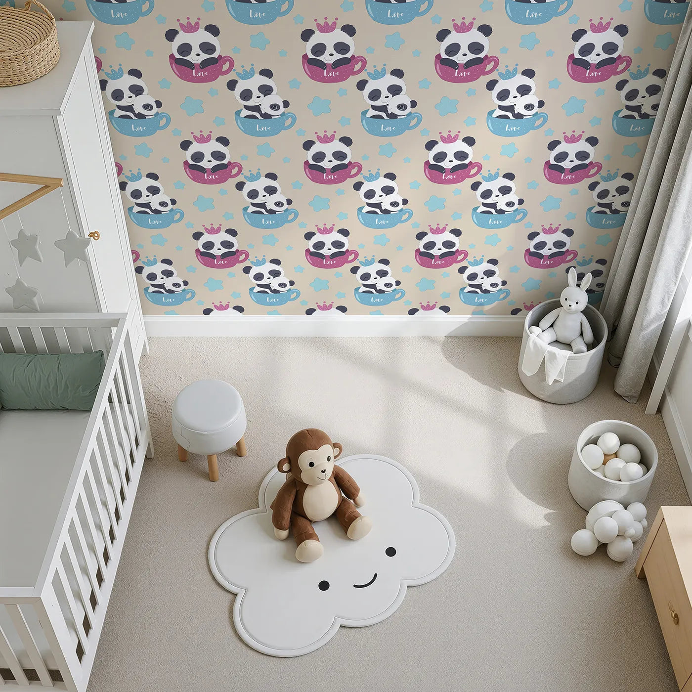 Top-Down view of Whimsy Tots' Cuddle Cup Panda Wallpaper in Beige (W3036C).Panda snuggles and gentle stars bring warmth to every soft-colored wall.