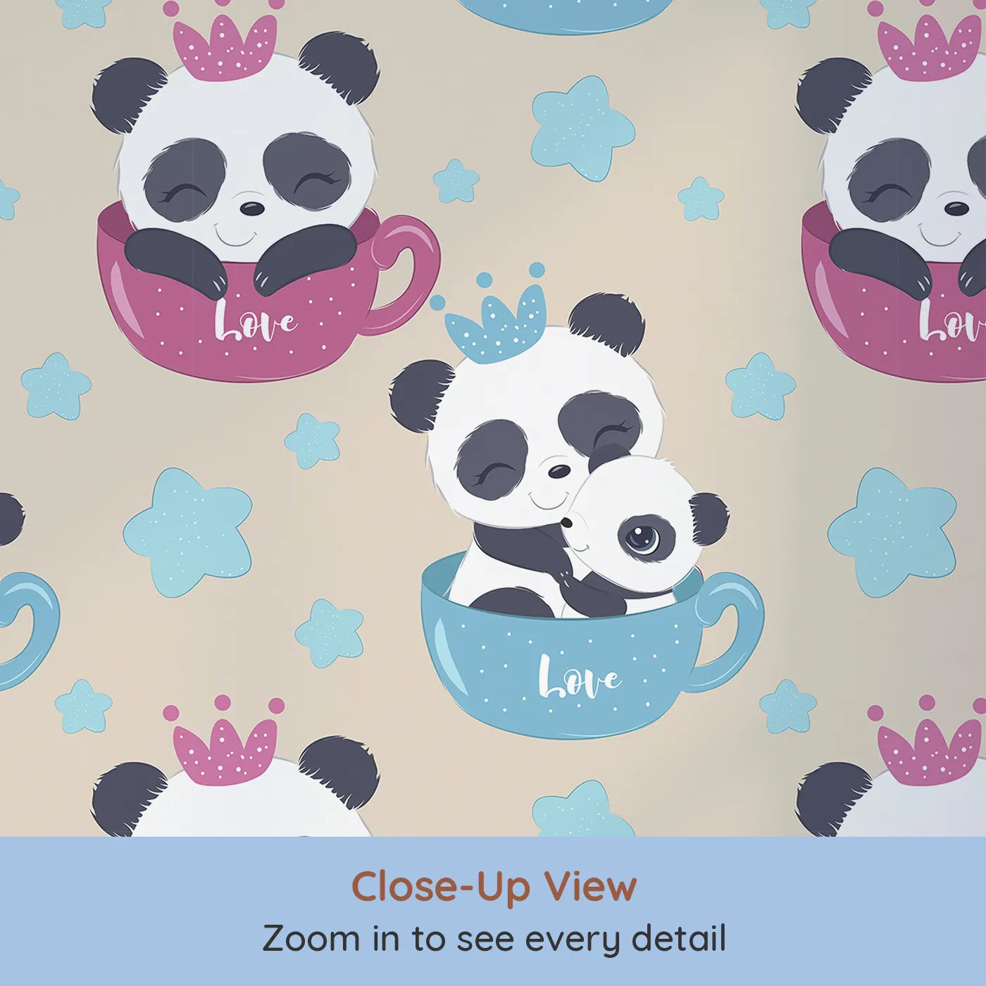 Close-up view of Whimsy Tots' Cuddle Cup Panda Wallpaper in Beige (W3036C).Panda snuggles and gentle stars bring warmth to every soft-colored wall.