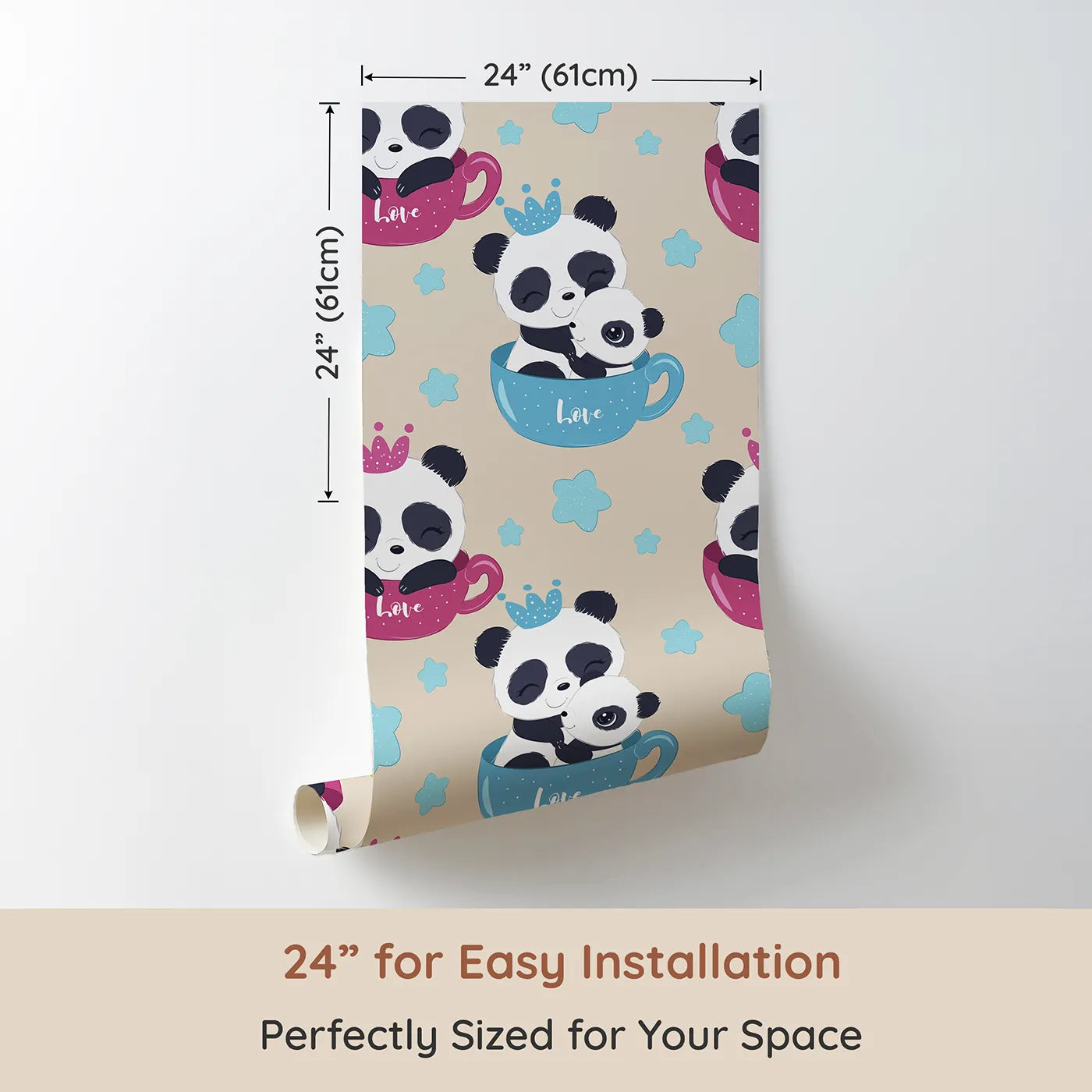 Dimension view of Whimsy Tots Cuddle Cup Panda Wallpaper in Beige (W3036C). Printed in 24-inch-wide panel for easy installation. Panda snuggles and gentle stars bring warmth to every soft-colored wall.