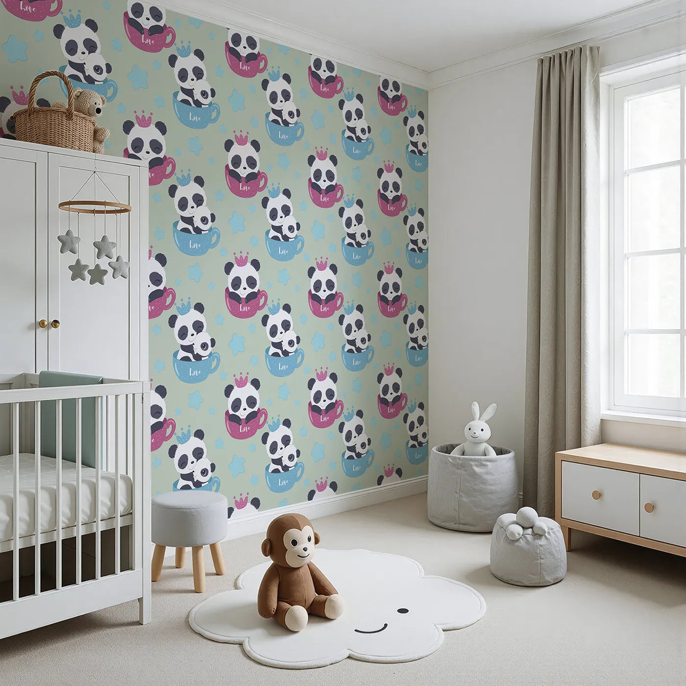 Angled view of Whimsy Tots' Cuddle Cup Panda Wallpaper in Sage Green (W3036D).Pandas snuggle sweetly in tea cups, surrounded by starry skies and soft greens.