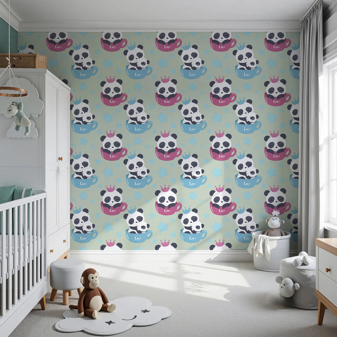 Front view of Whimsy Tots' Cuddle Cup Panda Wallpaper in Sage Green