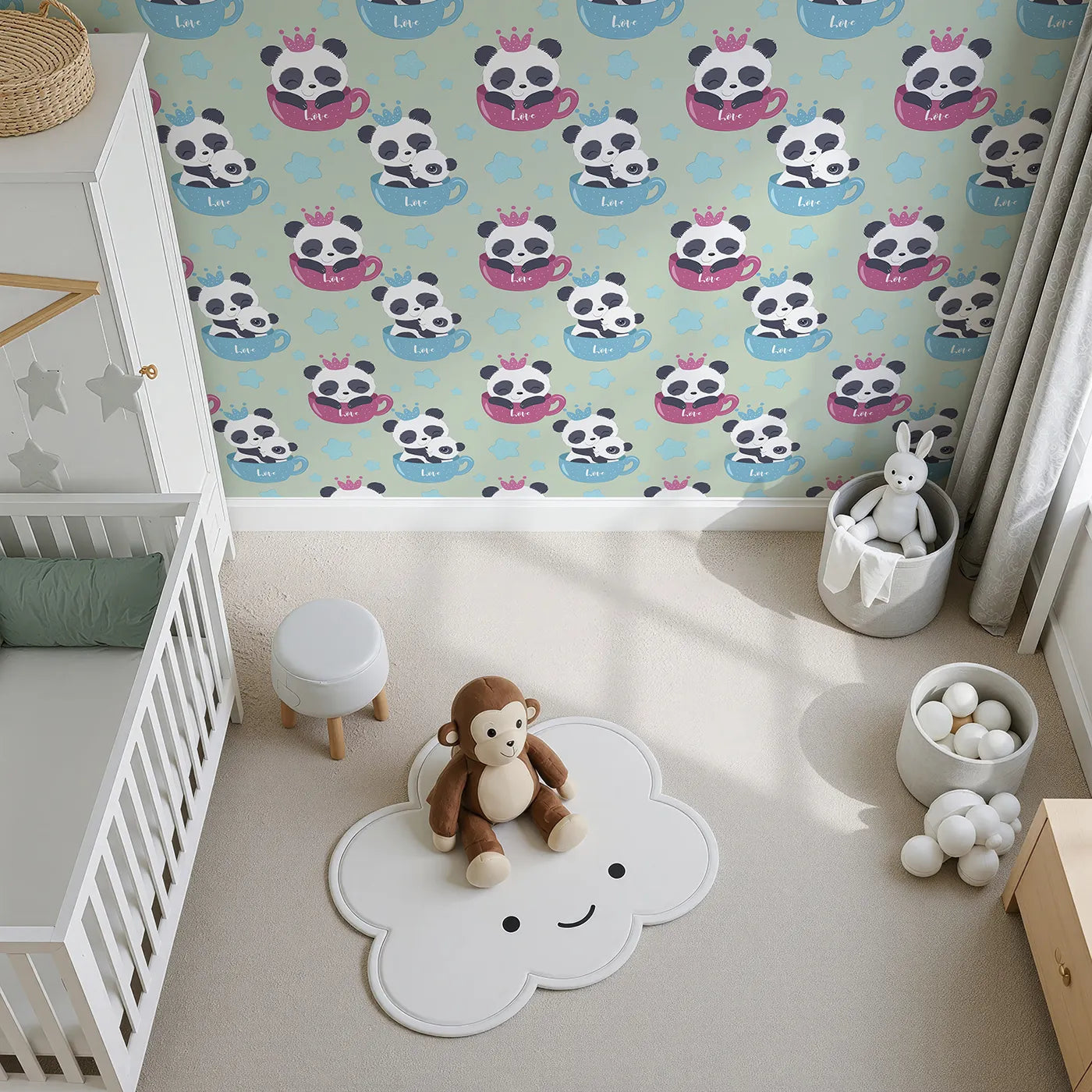 Top-Down view of Whimsy Tots' Cuddle Cup Panda Wallpaper in Sage Green (W3036D).Pandas snuggle sweetly in tea cups, surrounded by starry skies and soft greens.