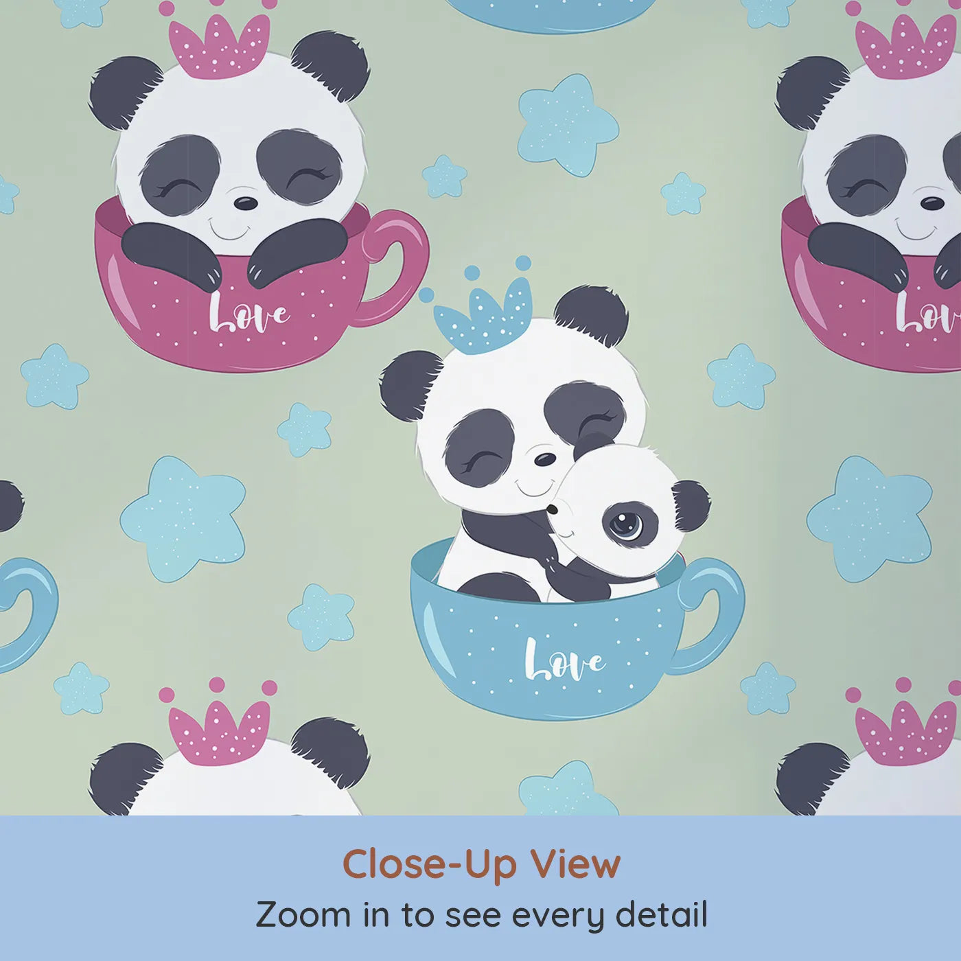 Close-up view of Whimsy Tots' Cuddle Cup Panda Wallpaper in Sage Green (W3036D).Pandas snuggle sweetly in tea cups, surrounded by starry skies and soft greens.