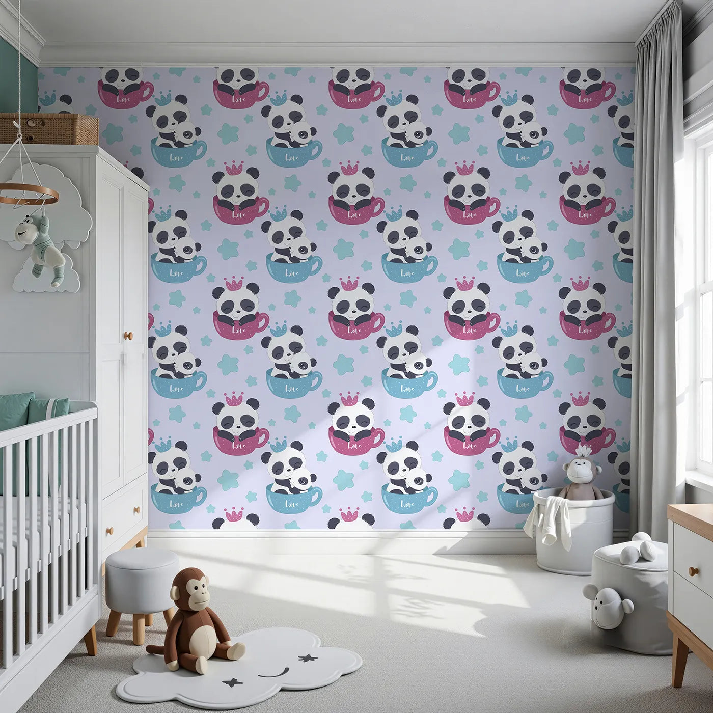 Front view of Whimsy Tots' Cuddle Cup Panda Wallpaper in Lavender