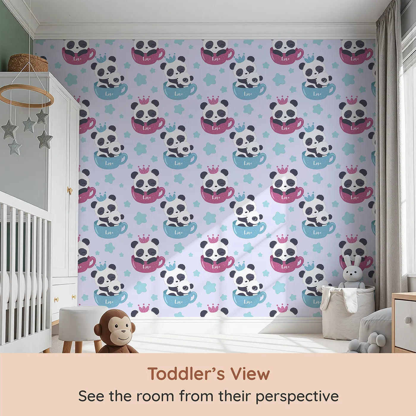 Whimsy Tots Cuddle Cup Panda Wallpaper in Lavender (W3036E) from your child's view.Cuddly pandas and sparkly stars swirl in a soft purple sky of love.