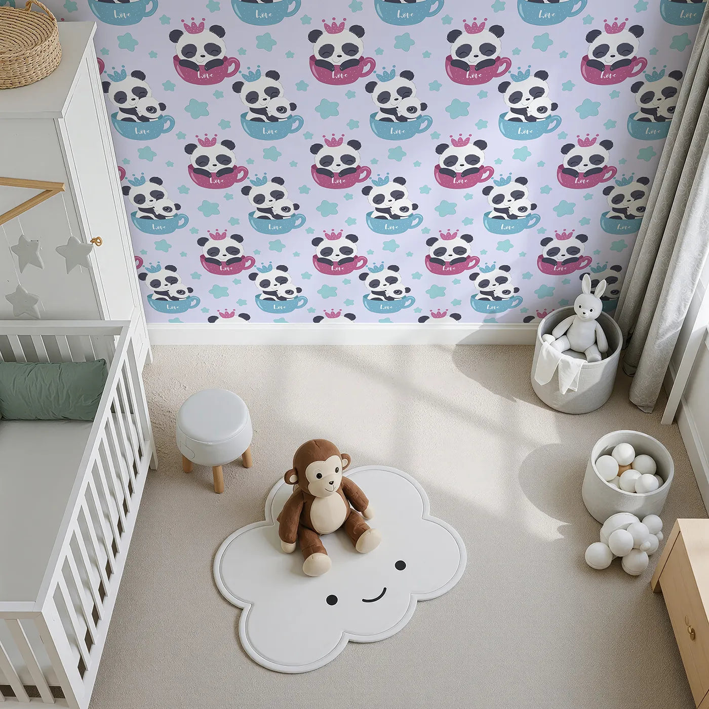 Top-Down view of Whimsy Tots' Cuddle Cup Panda Wallpaper in Lavender (W3036E).Cuddly pandas and sparkly stars swirl in a soft purple sky of love.